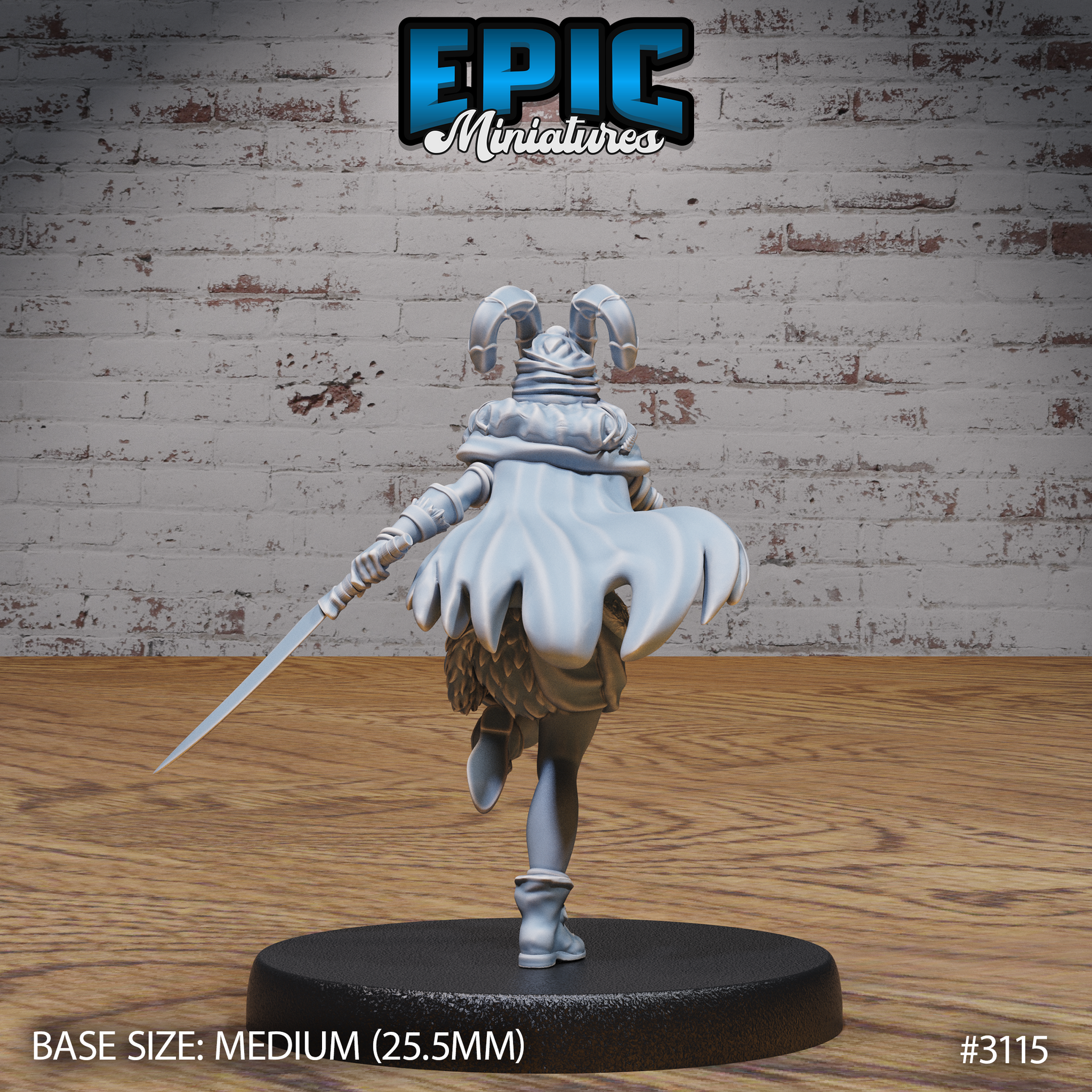 Rear view of a female druid mid-run, billowing cloak spread wide, horned helmet visible from behind, long blade extending from trailing hand. Feathered skirt detail and belted waist visible. Epic Miniatures sculpt #3115.