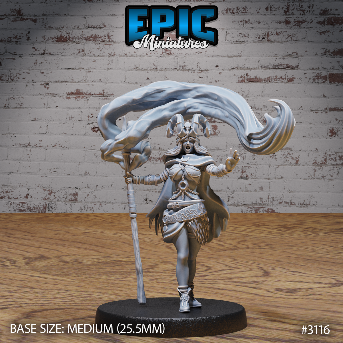 Female druid facing forward, mouth open mid-incantation, raising one hand and gripping a tall staff, wearing a horned headdress, layered armour, and a scale-textured skirt, with an enormous cloak billowing dramatically upward. Sculpt by Epic Miniatures.