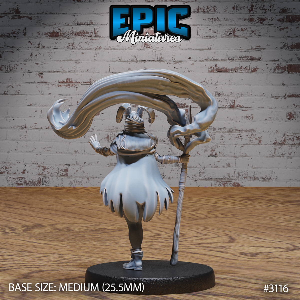 Female druid seen from behind, cloak sweeping upward in a wide arc, horned headdress visible, one hand raised open and the other holding a twisted staff with a pointed finial, wearing layered robes and boots. Sculpt by Epic Miniatures.