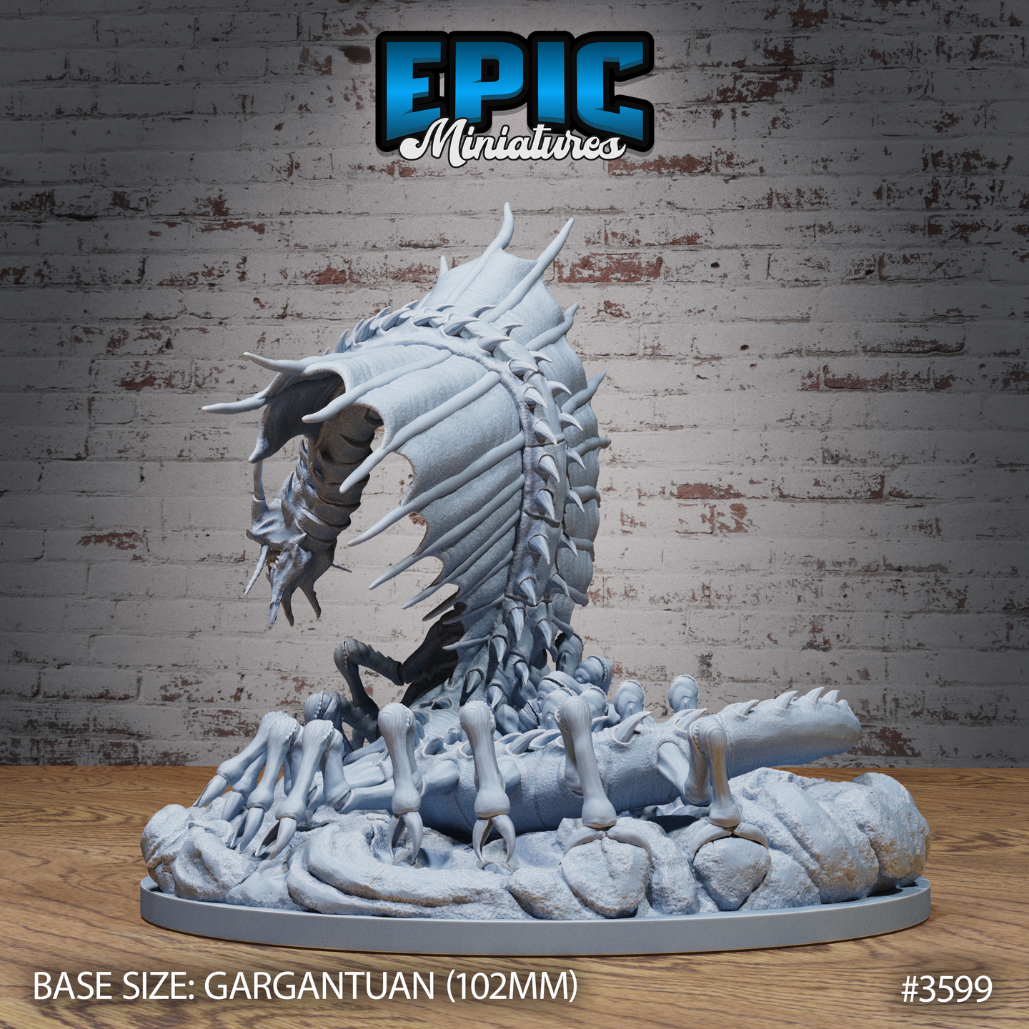 Unpainted grey resin Ancient Remorhaz miniature by Epic Miniatures, rear three-quarter view — showing the heavily segmented, armoured thorax with sharp ridges, articulated claw-legs visible beneath, and the bone-scattered gargantuan scenic base in full detail