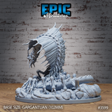 Unpainted grey resin Ancient Remorhaz miniature by Epic Miniatures, rear three-quarter view — showing the heavily segmented, armoured thorax with sharp ridges, articulated claw-legs visible beneath, and the bone-scattered gargantuan scenic base in full detail