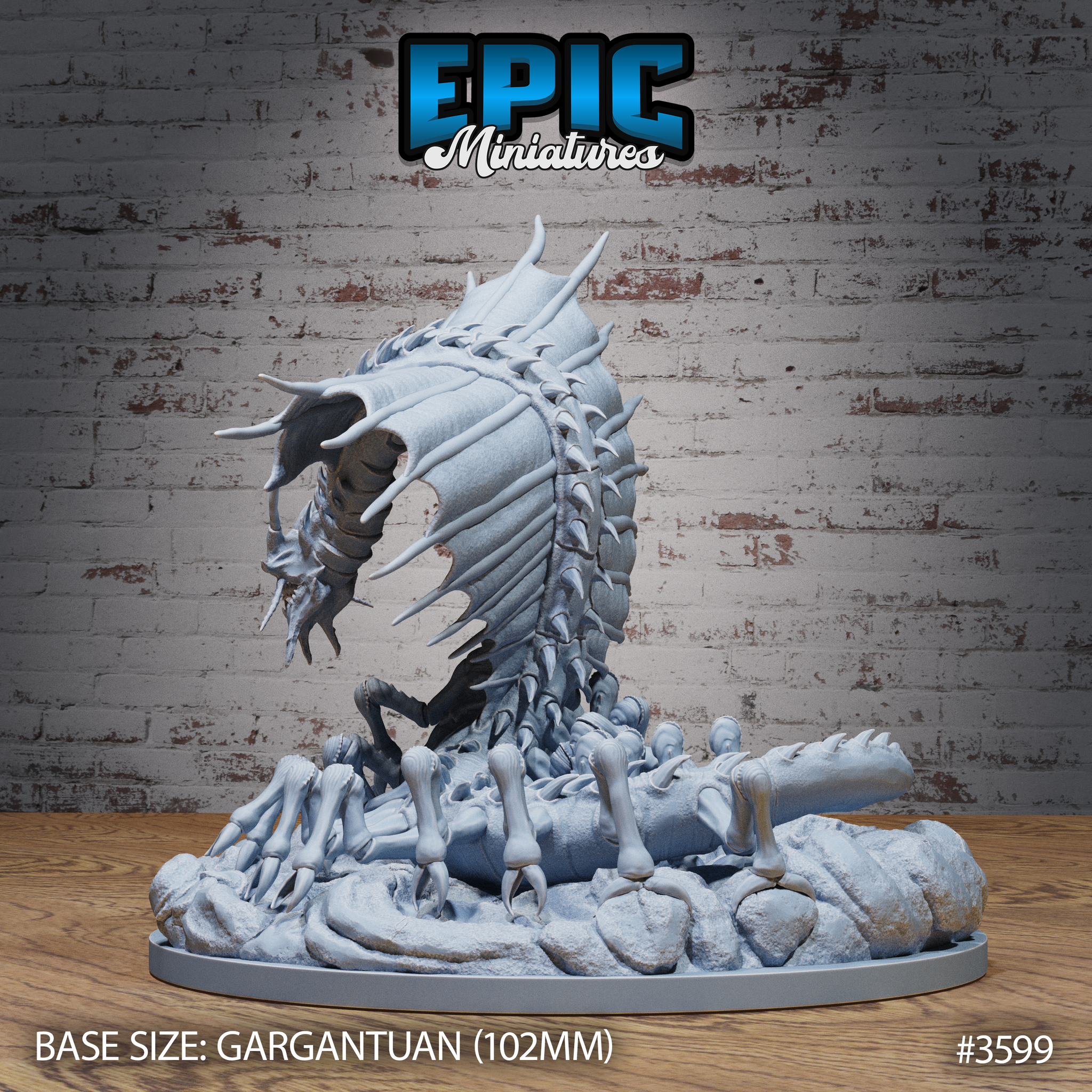 Unpainted grey resin Ancient Remorhaz miniature by Epic Miniatures, rear three-quarter view — showing the heavily segmented, armoured thorax with sharp ridges, articulated claw-legs visible beneath, and the bone-scattered gargantuan scenic base in full detail