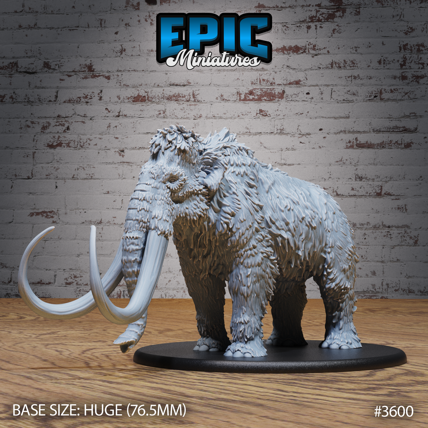 Front-quarter view of an unpainted grey resin woolly mammoth miniature by Epic Miniatures, showing swept curved tusks, deeply textured layered fur coat, and domed head with trunk at rest, mounted on a huge 76.5mm oval black base