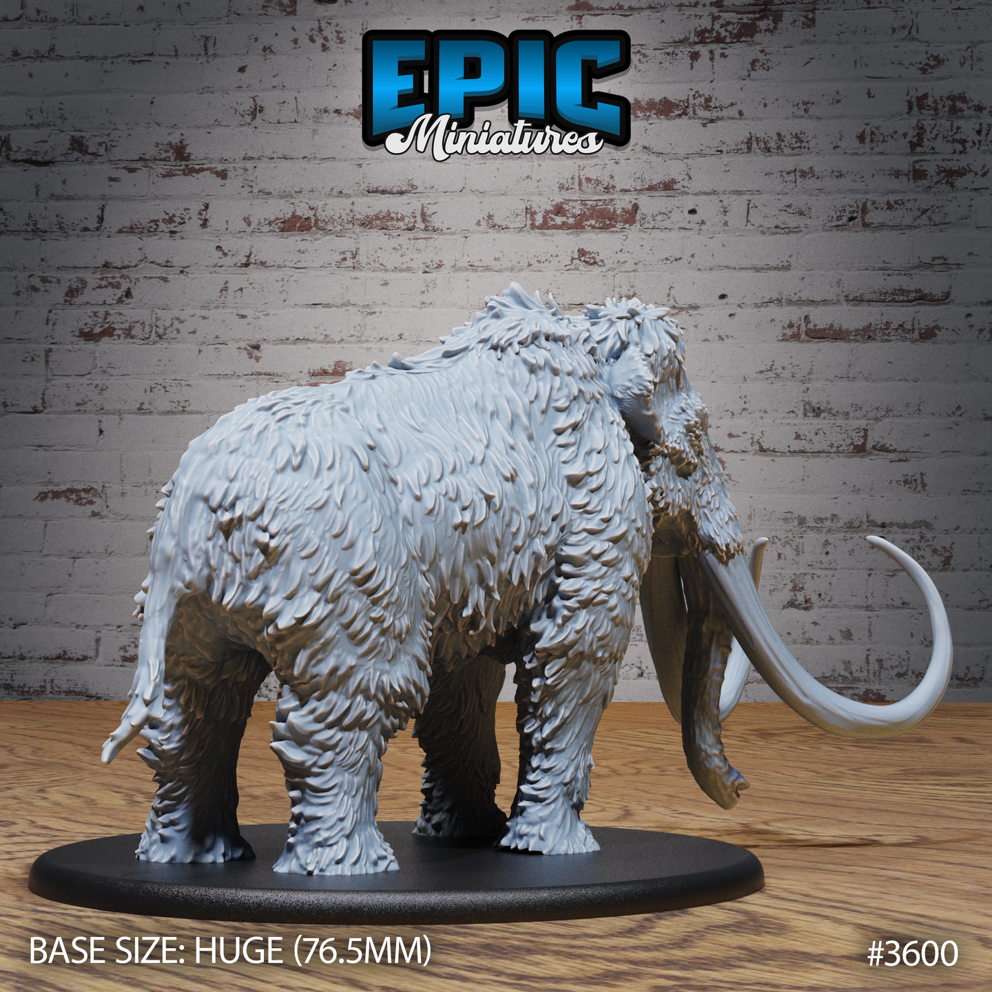 Rear-quarter view of an unpainted grey resin woolly mammoth miniature by Epic Miniatures, showing the full breadth of the shaggy fur across the back, flanks, and hindquarters, with one tusk visible curving outward, mounted on a huge 76.5mm oval black base