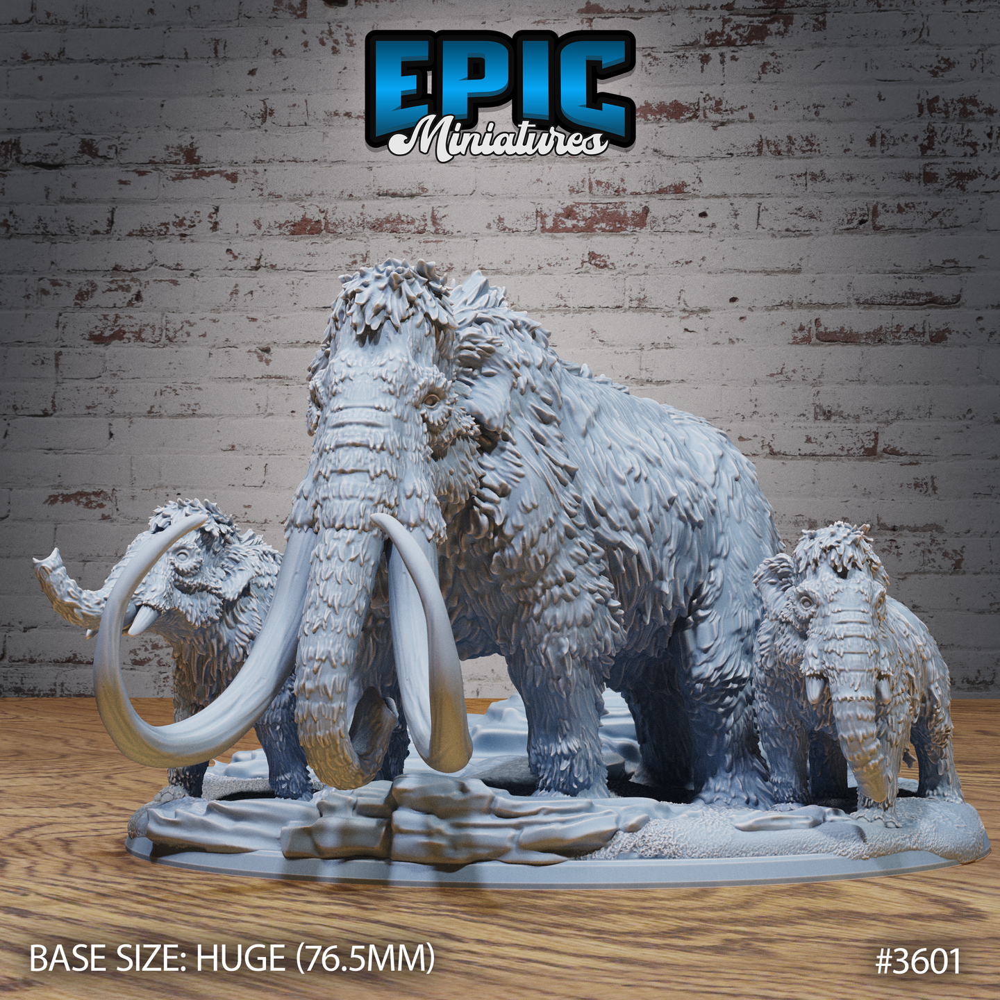 Unpainted grey resin woolly mammoth family miniature by Epic Miniatures — large matriarch with curved tusks at centre, tusked adult male to left with lowered head, small calf to right, all on a 76.5mm integrated rocky icy terrain base