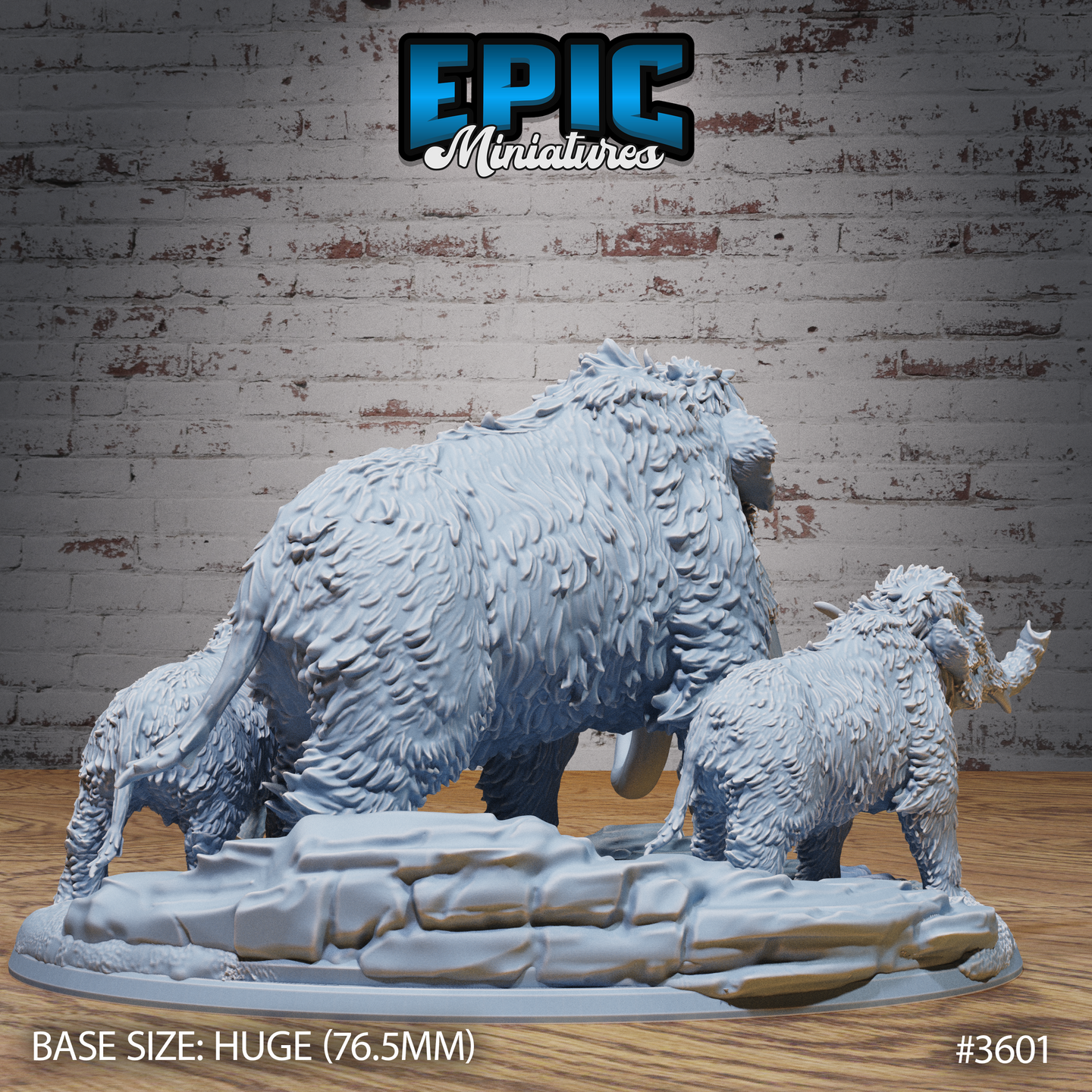 Rear three-quarter view of unpainted grey resin woolly mammoth miniature set by Epic Miniatures — large shaggy adult mammoth in foreground with detailed fur texture, smaller calf beside it, mounted on a 76.5mm Huge scenic base with frozen stone ground