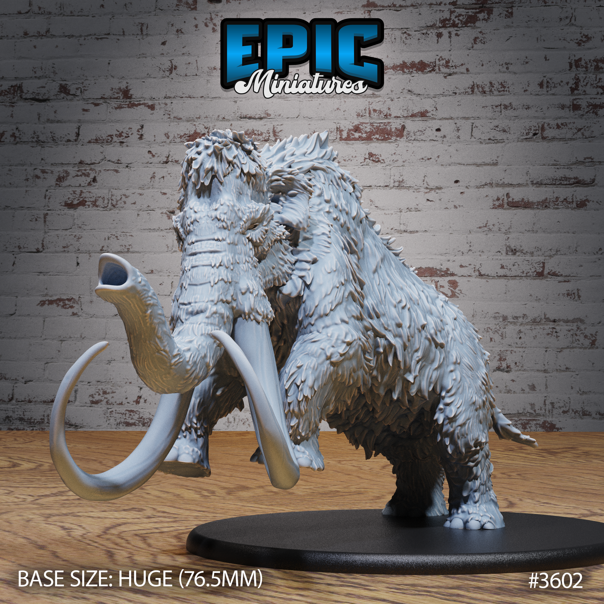Front three-quarter view of an unpainted grey resin woolly mammoth miniature in an attacking pose — trunk raised and bellowing, curved tusks sweeping forward, dense shaggy fur covering the entire body, mounted on a huge 76.5mm oval base. Epic Miniatures sculpt #3602.