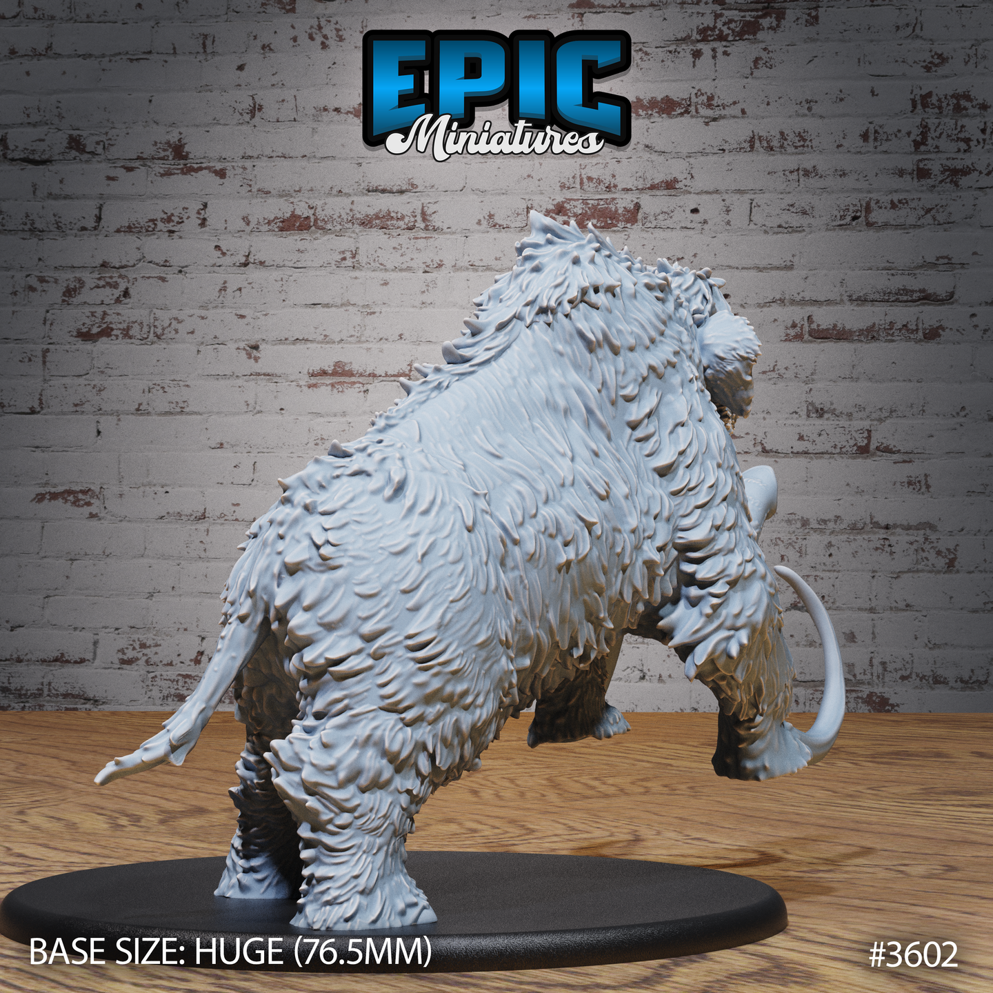 Rear three-quarter view of the same unpainted grey resin woolly mammoth miniature — showing the heavily detailed shaggy fur across the back and haunches, bony ridge spines along the spine, rear legs driving forward mid-charge, on a 76.5mm oval base. Epic Miniatures sculpt #3602.