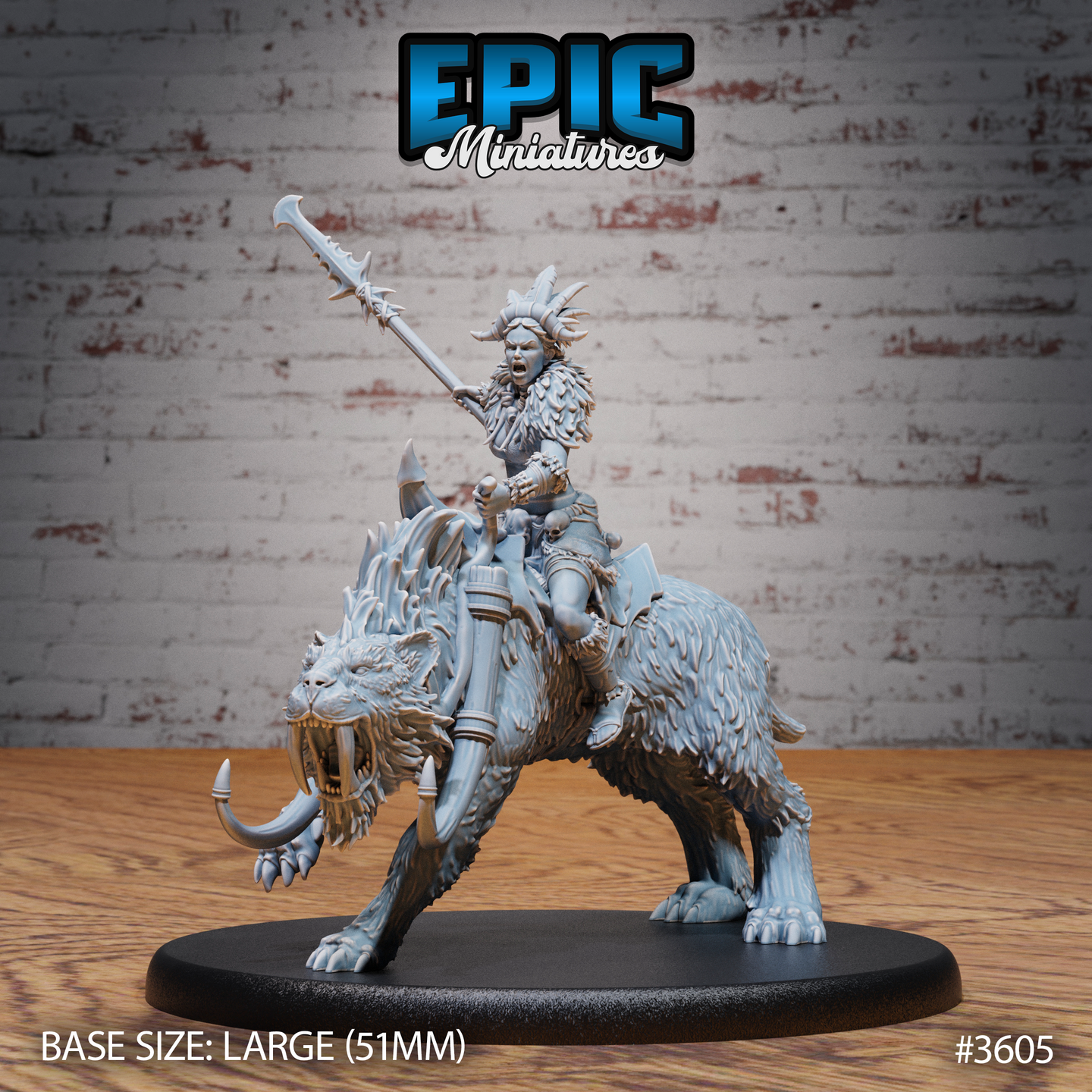 Front view of an unpainted grey resin miniature of a female tribal barbarian rider mounted on a heavily built sabre-toothed cat. The rider wears fur-and-hide armour with a feathered headdress, mouth open in a battle cry, thrusting a long serrated spear overhead. The mount has thick sculpted fur, bone-spiked barding, and large curved sabre teeth. Mounted on a 51mm round black base.