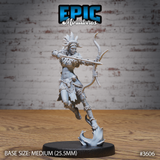 Unpainted grey resin 32mm miniature of a tribal female archer mid-stride, feathered and horned headdress, bow drawn and aimed, skull trophy at her belt, feather-and-hide mantle, dynamic swirling flame base — front view