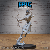 Unpainted grey resin 32mm miniature of a tribal female archer from behind, showing quiver at her back, feathered headdress, hide mantle, bone-wrapped limbs, and dynamic swirling flame base — rear view