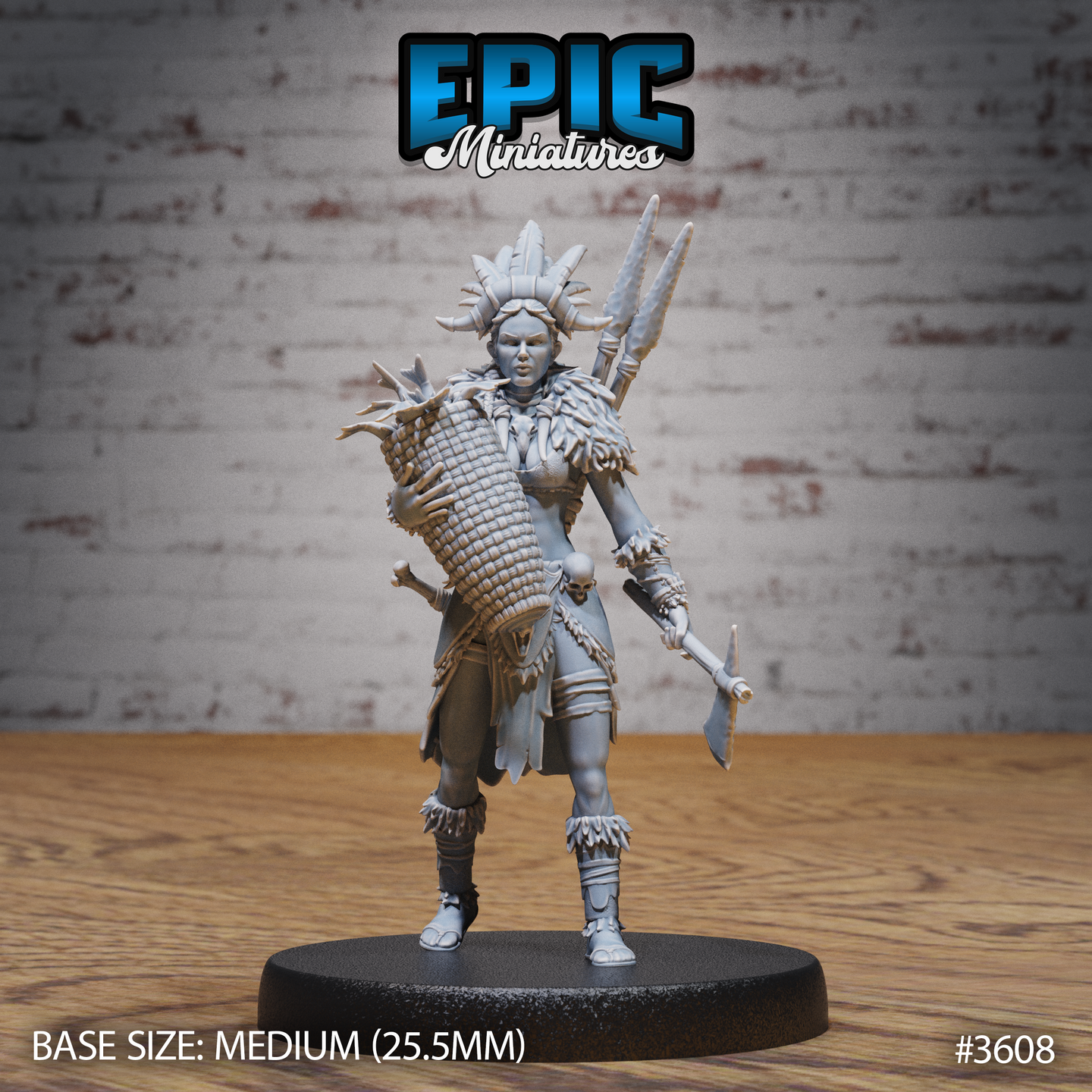 Front view of an unpainted grey resin 32mm miniature of a tribal female fisher — she wears a large feathered and horned headdress, a feathered cape, and carries a woven basket on her back, a bone-topped skull staff in one hand, and has a broad axe at her side. Printed on a medium round base.