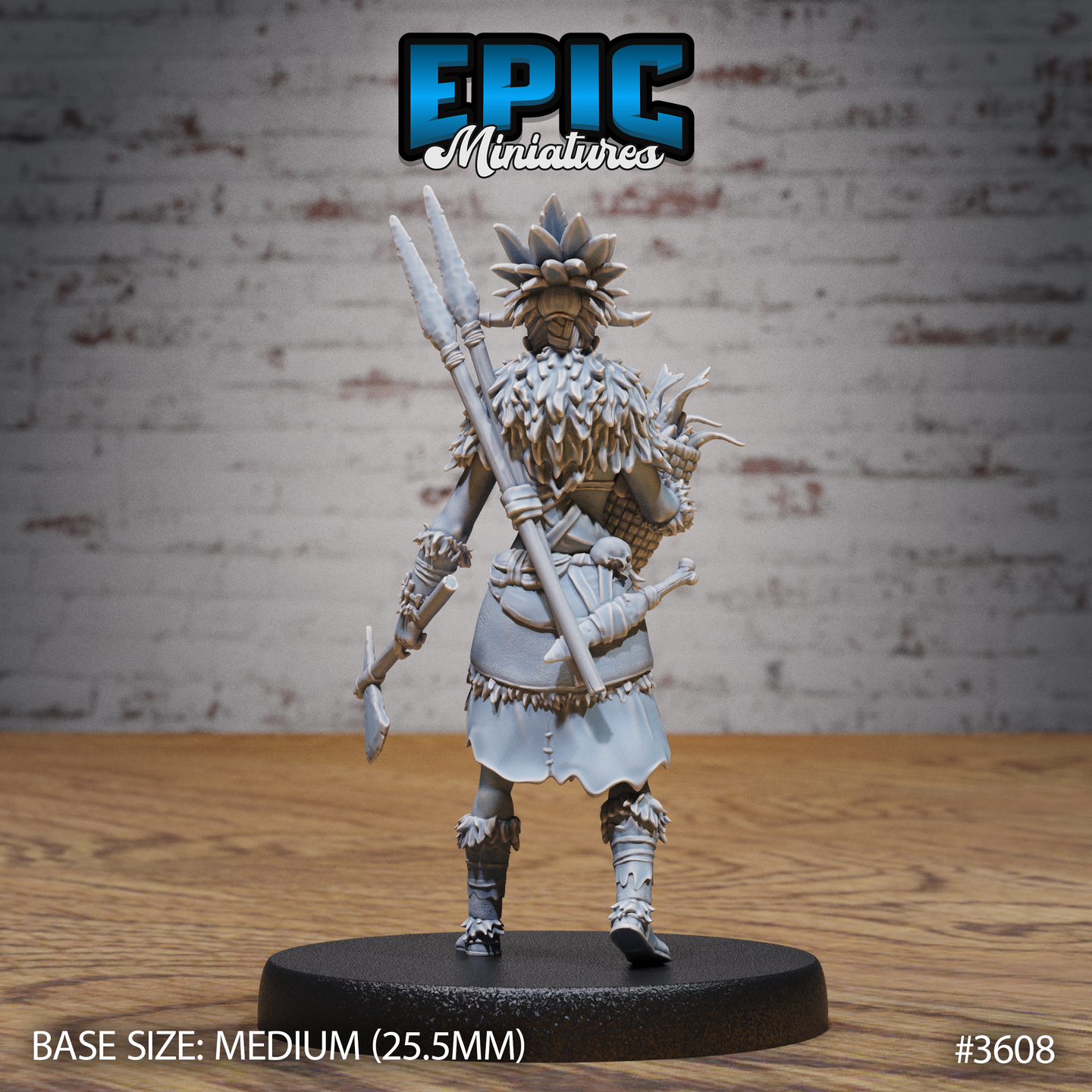 Rear view of the same unpainted grey resin tribal female fisher miniature, showing the woven basket packed with catch, a long serrated spear rising above it, her feathered cape and hide skirt, and clawed feet. Medium round base, 25.5mm.