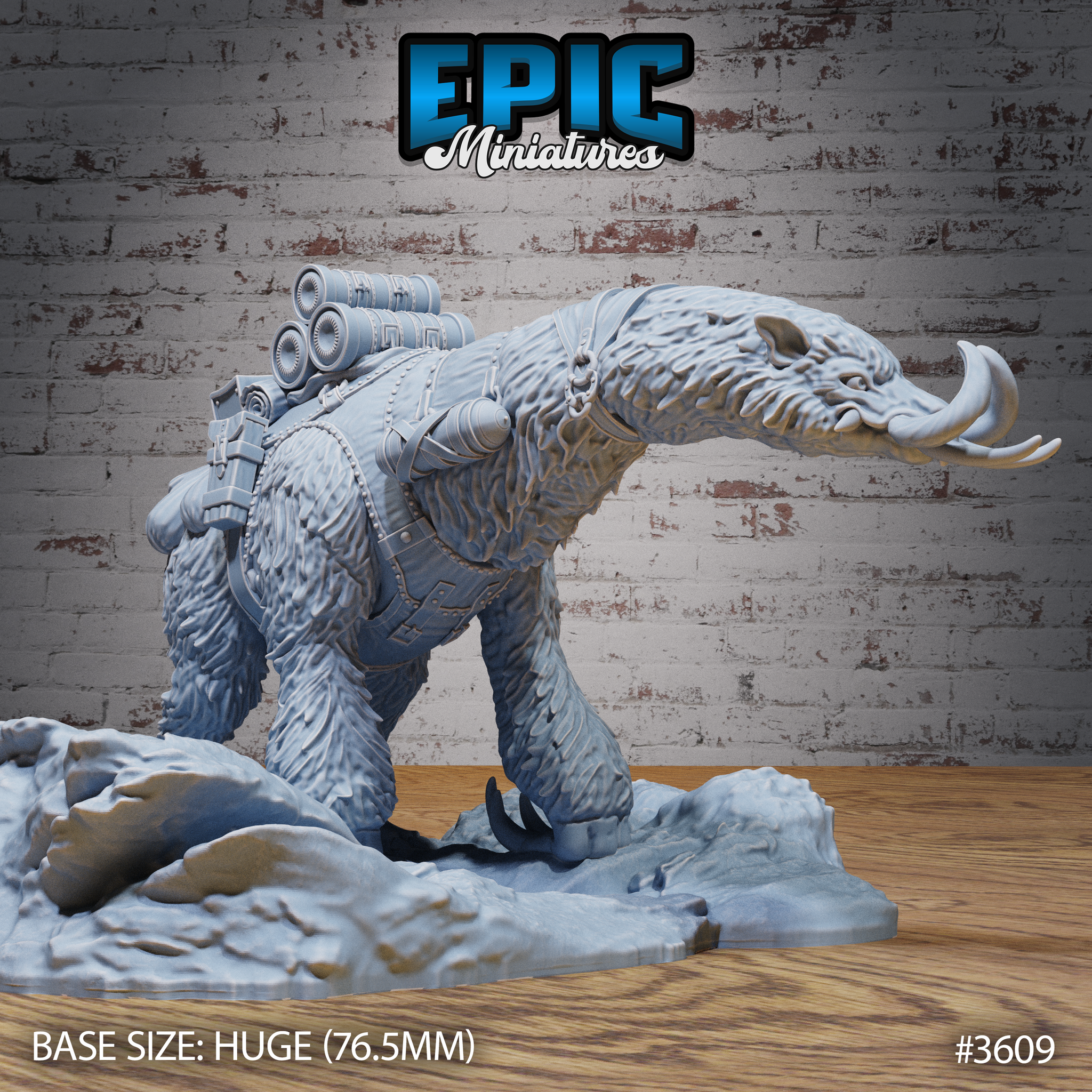 Side-view render of the Giant Sloth Mount miniature by Epic Miniatures — an unpainted grey resin model showing a huge shaggy sloth with curved tusks, powerful claws gripping a rocky snow-covered base, and a detailed steampunk harness with riveted canisters and cargo equipment across its back. Huge 76.5mm base size shown.
