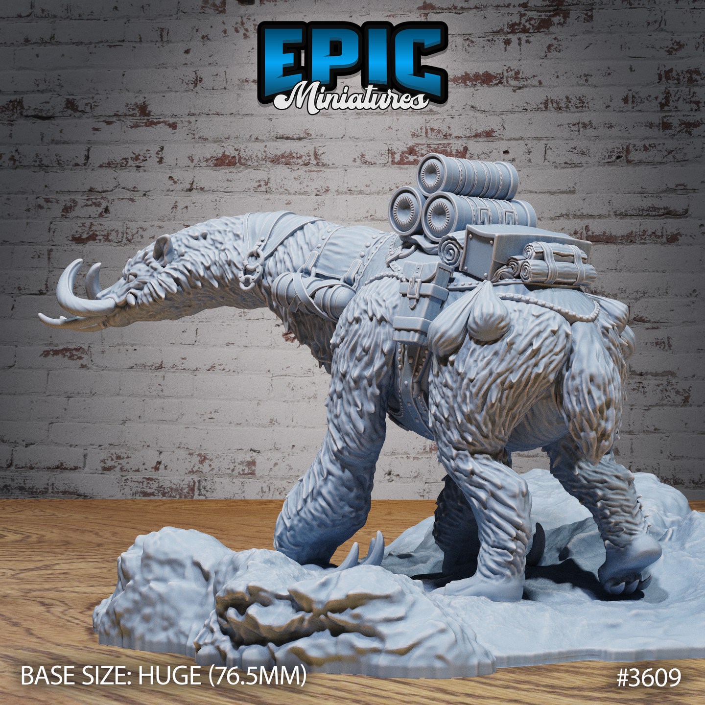 Rear three-quarter render of the Giant Sloth Mount miniature by Epic Miniatures — unpainted grey resin showing the full extent of the steampunk cargo harness with multiple canisters, coiled tubes, pouches and equipment cases strapped to the sloth's back. Heavy fur texture and clawed feet visible on the snow and rock scenic base.