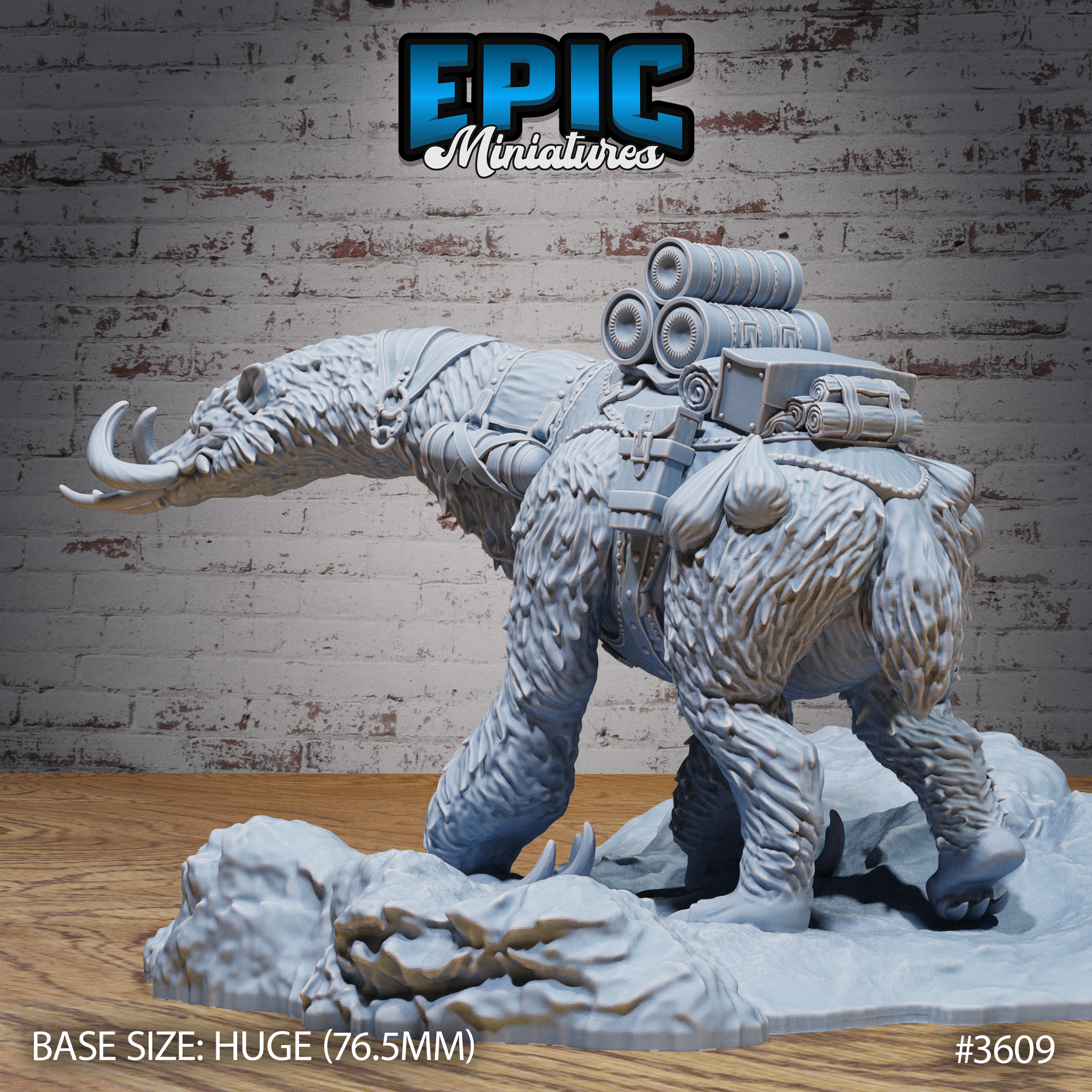 Rear three-quarter render of the Giant Sloth Mount miniature by Epic Miniatures — unpainted grey resin showing the full extent of the steampunk cargo harness with multiple canisters, coiled tubes, pouches and equipment cases strapped to the sloth's back. Heavy fur texture and clawed feet visible on the snow and rock scenic base.
