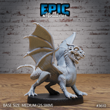 Front three-quarter view of an unpainted grey resin White Dragon Wyrmling miniature by Epic Miniatures — close angle showing the snarling open jaw with rows of teeth, swept horn above the skull-like face, wing membranes stretched between sharp bone-spurs, and clawed taloned feet, on a 25.5mm medium round base