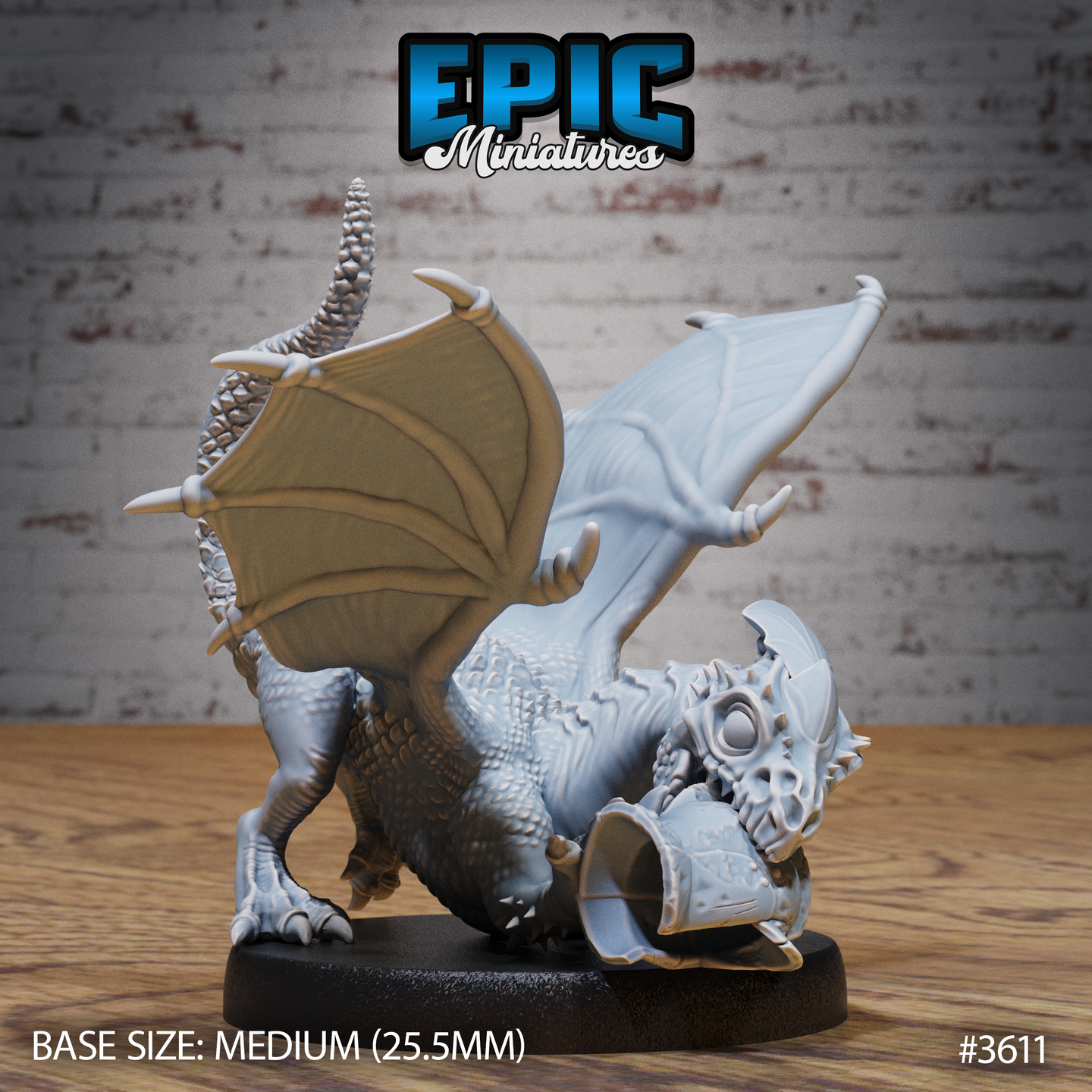 Unpainted grey resin White Dragon Wyrmling miniature by Epic Miniatures, front-three-quarter view showing the wyrmling in a low bite pose clutching a skull trophy in its jaws, wings flared wide, scaled body and ridged horn visible, on a medium 25.5mm black base
