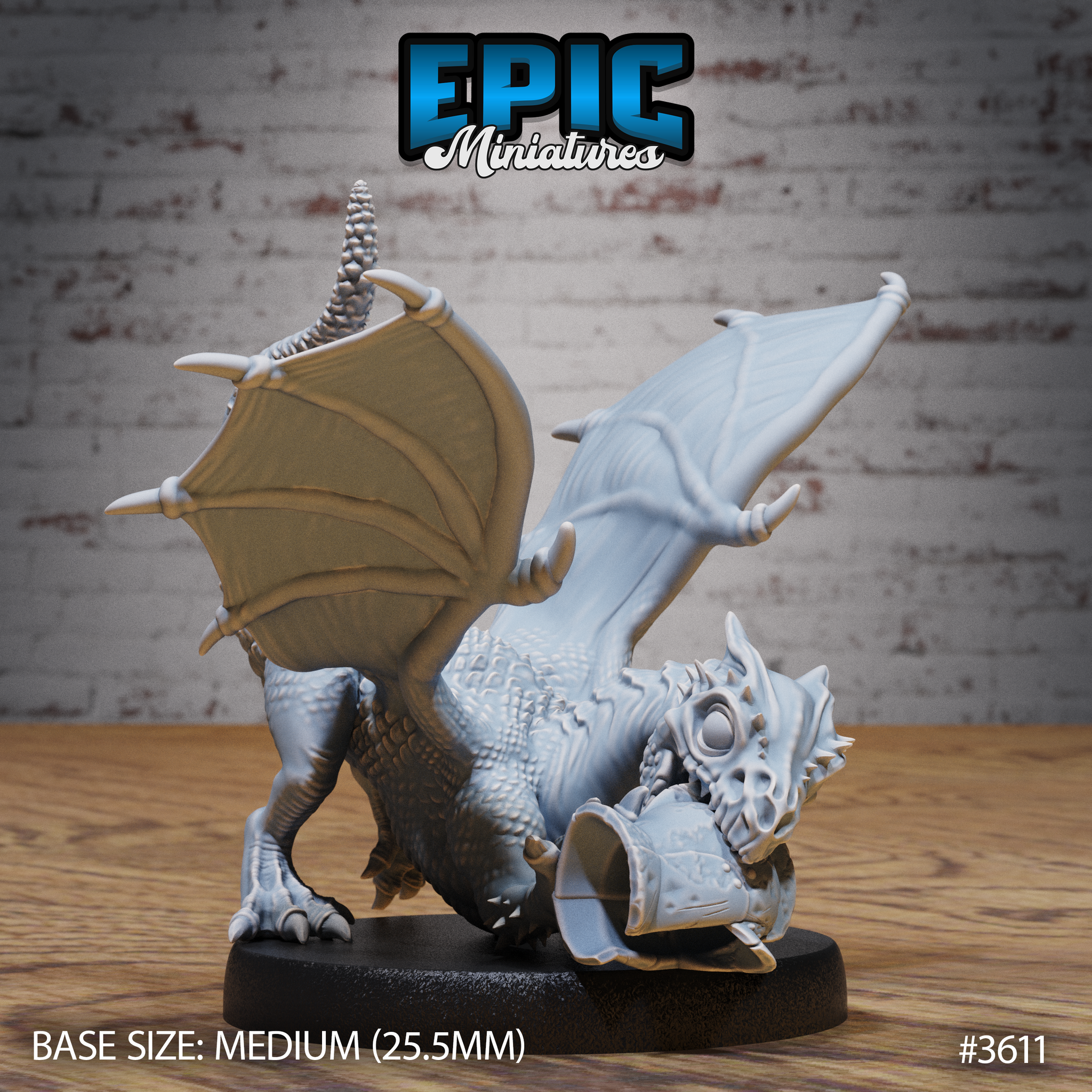Unpainted grey resin White Dragon Wyrmling miniature by Epic Miniatures, front-facing three-quarter view showing the skull clutched in the jaws, hollow glassy eye socket, pronounced facial horns and spikes, spread wings framing the body, on a medium 25.5mm black base
