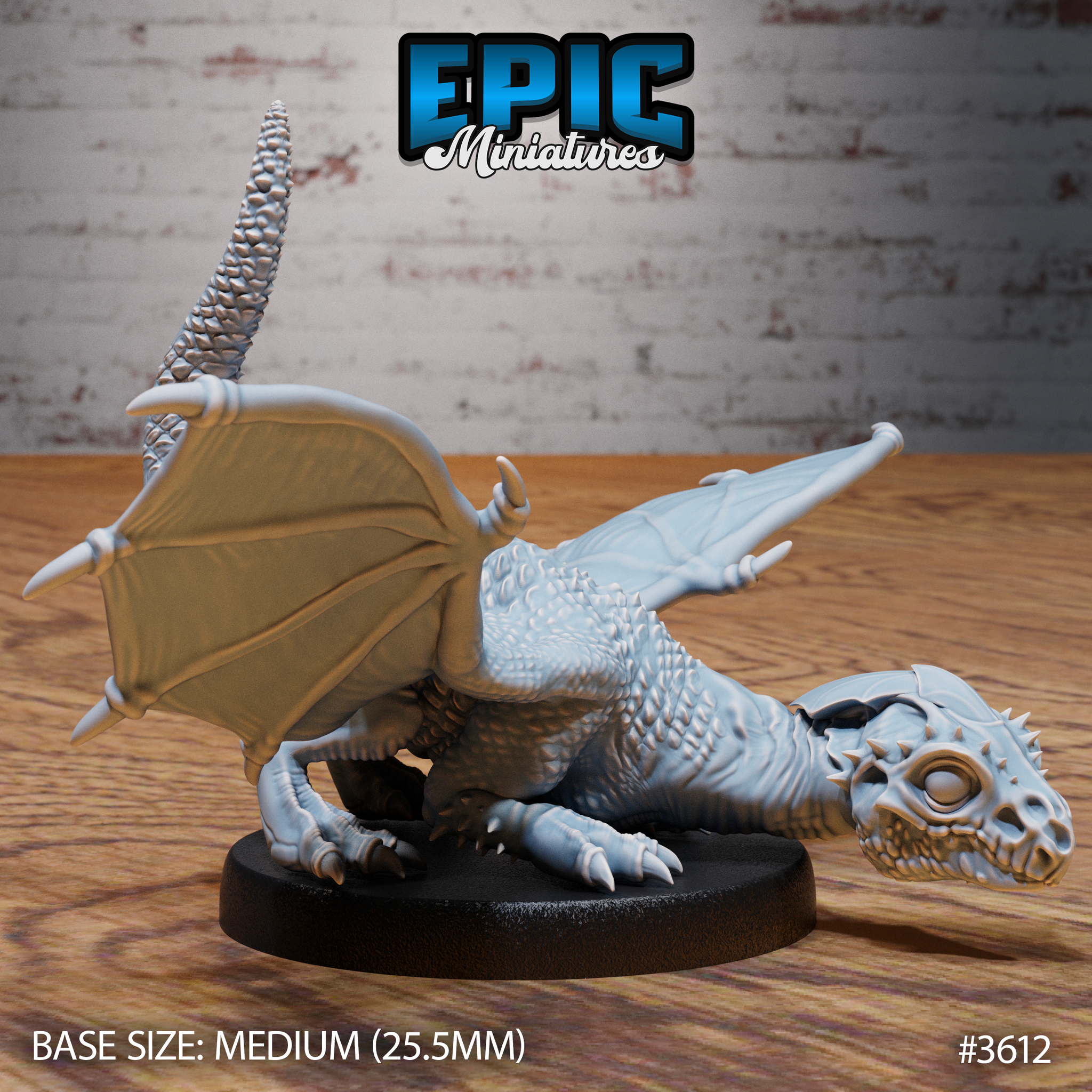 Unpainted grey resin white dragon wyrmling miniature by Epic Miniatures, photographed from the front-right — clearly showing the domed skull, bulging reptilian eye, spiked head detail, individual body scales, and outstretched wings on a medium 25.5mm round base