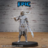 Unpainted grey resin Cave Elf Barbarian miniature at 32mm scale, front view — lean elven male with braided hair, crescent axe rested on shoulder and curved blade in off hand, wearing lamellar collar, chainmail skirt, and leg wrappings, on a medium round black base
