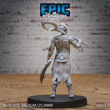 Unpainted grey resin Cave Elf Barbarian miniature at 32mm scale, rear three-quarter view — showing chainmail skirt texture, long braid, crescent axe held aloft, and curved blade at low guard, on a medium round black base
