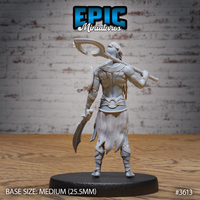 Unpainted grey resin Cave Elf Barbarian miniature at 32mm scale, rear three-quarter view — showing chainmail skirt texture, long braid, crescent axe held aloft, and curved blade at low guard, on a medium round black base