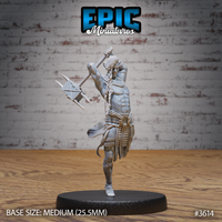 Front view of an unpainted grey resin 3D printed cave elf barbarian miniature by Epic Miniatures — male figure mid-leap with one knee raised, both hands gripping a large spiked war hammer held overhead ready to strike, wearing minimal wrappings, layered loincloth, broad shoulder collar, and bound leg wrappings, with long braided hair swept back, on a 25.5mm medium round black base