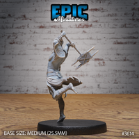 Rear three-quarter view of the same unpainted grey resin cave elf barbarian miniature by Epic Miniatures — showing the back detail of the shoulder collar, the full arc of the raised spiked hammer, and the dynamic single-footed leaping pose, on a 25.5mm medium round black base