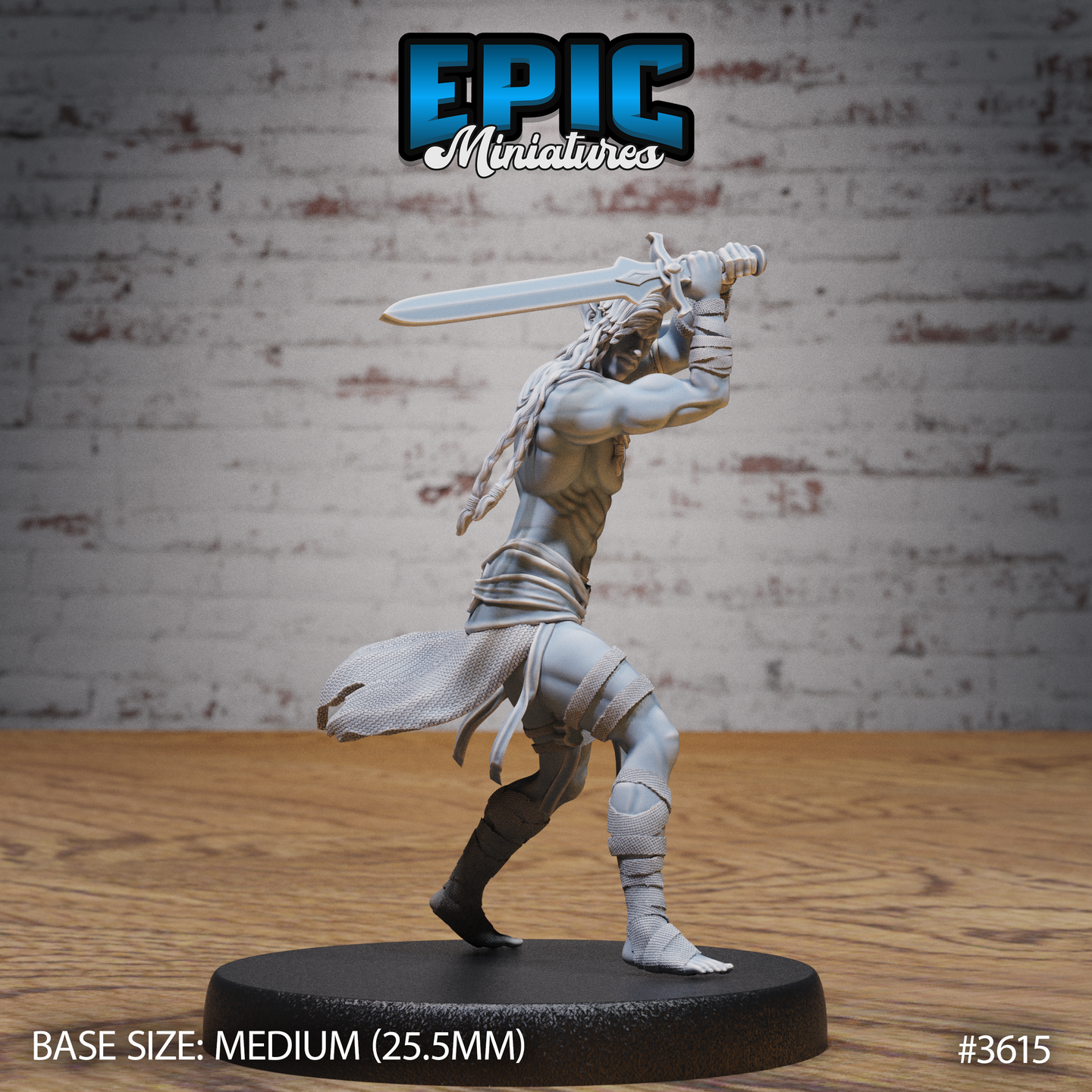 Front view of an unpainted grey resin Cave Elf Barbarian miniature by Epic Miniatures, posed mid-strike with a greatsword raised overhead in a two-handed grip, braided hair trailing behind, one knee raised, wearing minimal linen wrappings and a chainmail hip wrap, mounted on a medium 25.5mm black base