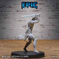 Front view of an unpainted grey resin Cave Elf Barbarian miniature by Epic Miniatures, posed mid-strike with a greatsword raised overhead in a two-handed grip, braided hair trailing behind, one knee raised, wearing minimal linen wrappings and a chainmail hip wrap, mounted on a medium 25.5mm black base