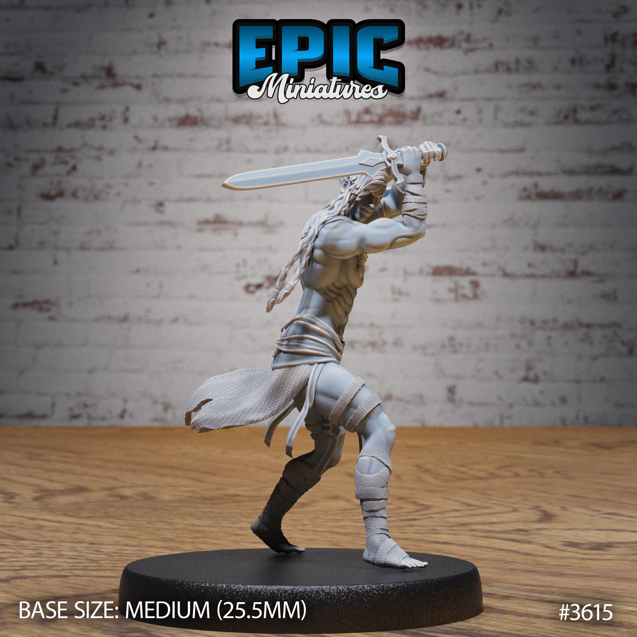 Front view of an unpainted grey resin Cave Elf Barbarian miniature by Epic Miniatures, posed mid-strike with a greatsword raised overhead in a two-handed grip, braided hair trailing behind, one knee raised, wearing minimal linen wrappings and a chainmail hip wrap, mounted on a medium 25.5mm black base