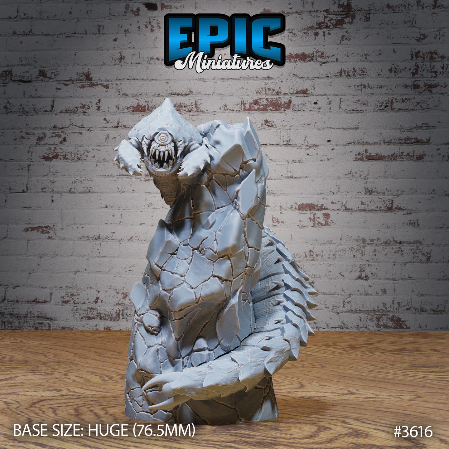 Front view of an unpainted grey resin Frost Worm Climbing miniature by Epic Miniatures — a huge worm-like creature with tessellated stone-like scales rearing upward on a 76.5mm base, single cyclopean eye above a fanged open maw, clawed limbs braced forward mid-lunge