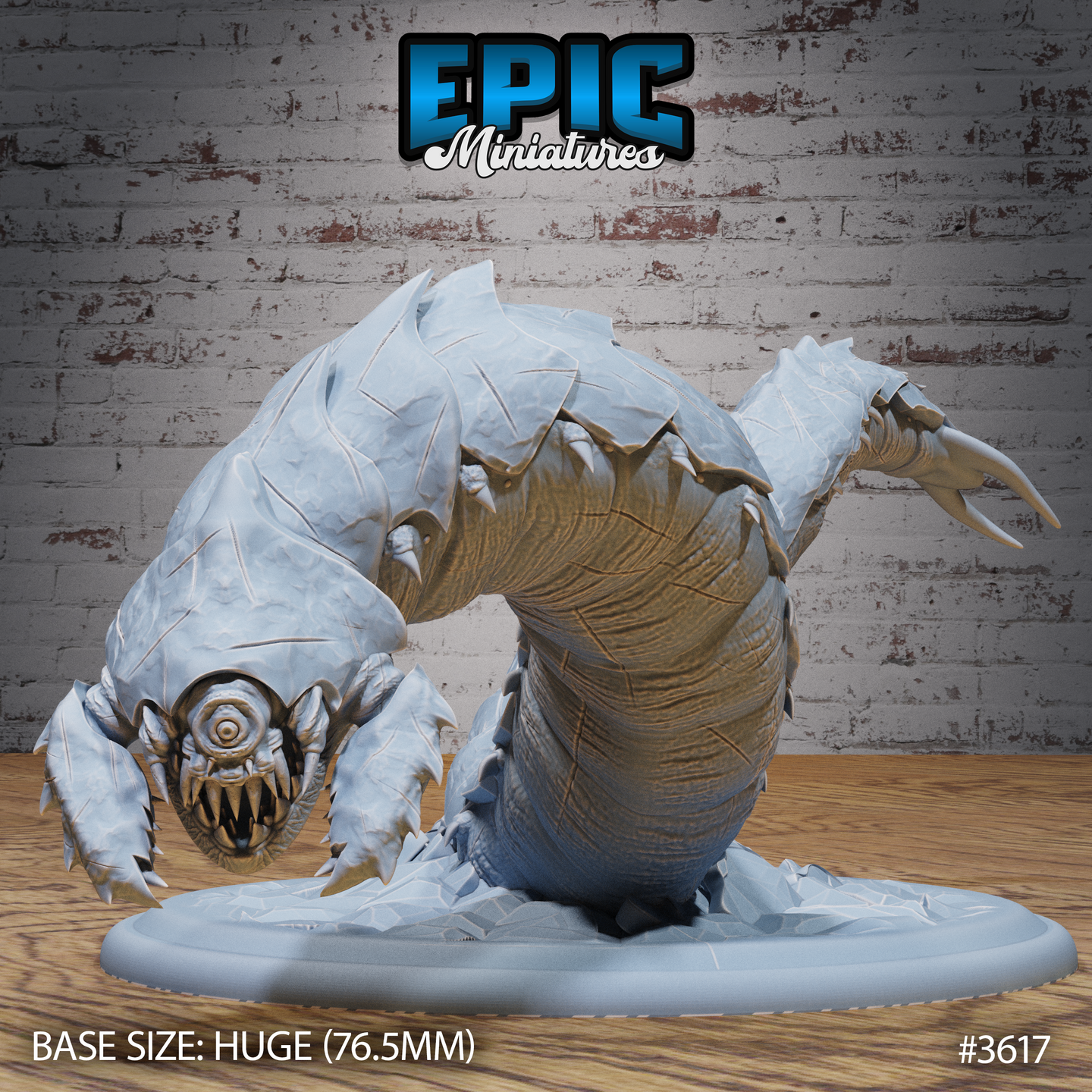 Front view of an unpainted grey resin frost worm miniature by Epic Miniatures — a Huge-scale creature bursting through cracked ice on a 76.5mm base, showing its single cyclopean eye, mandible-flanked maw, armoured chitinous carapace, and one raised clawed limb