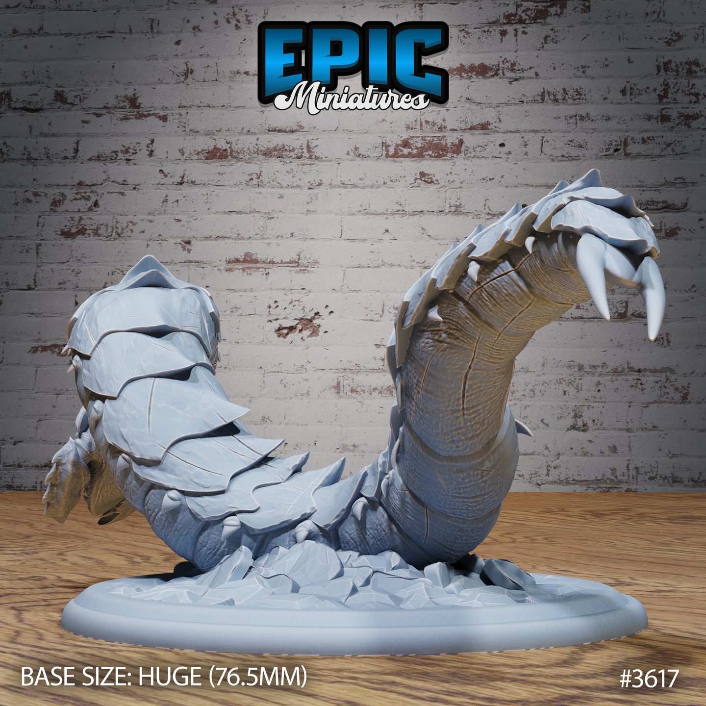 Rear three-quarter view of the unpainted frost worm miniature by Epic Miniatures, showing the segmented underbelly, overlapping armour plates along the back, and the thick tail rearing upward with a cluster of curved claws — mounted on a 76.5mm Huge base