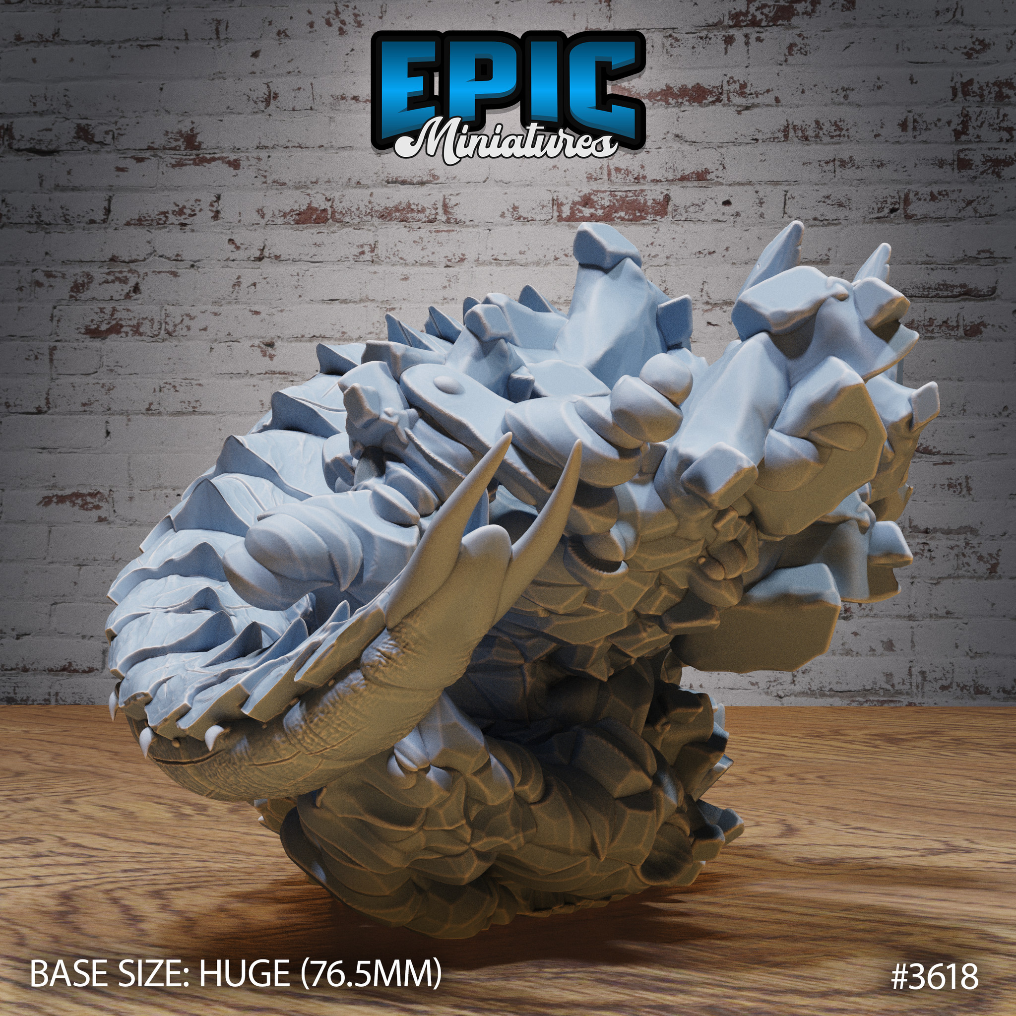 Rear three-quarter digital render of the Epic Miniatures Frost Worm miniature — showing the curved, heavily scaled rear body section, dense dorsal spines, and shattered ice terrain base. Huge scale, 76.5mm base, unpainted grey.