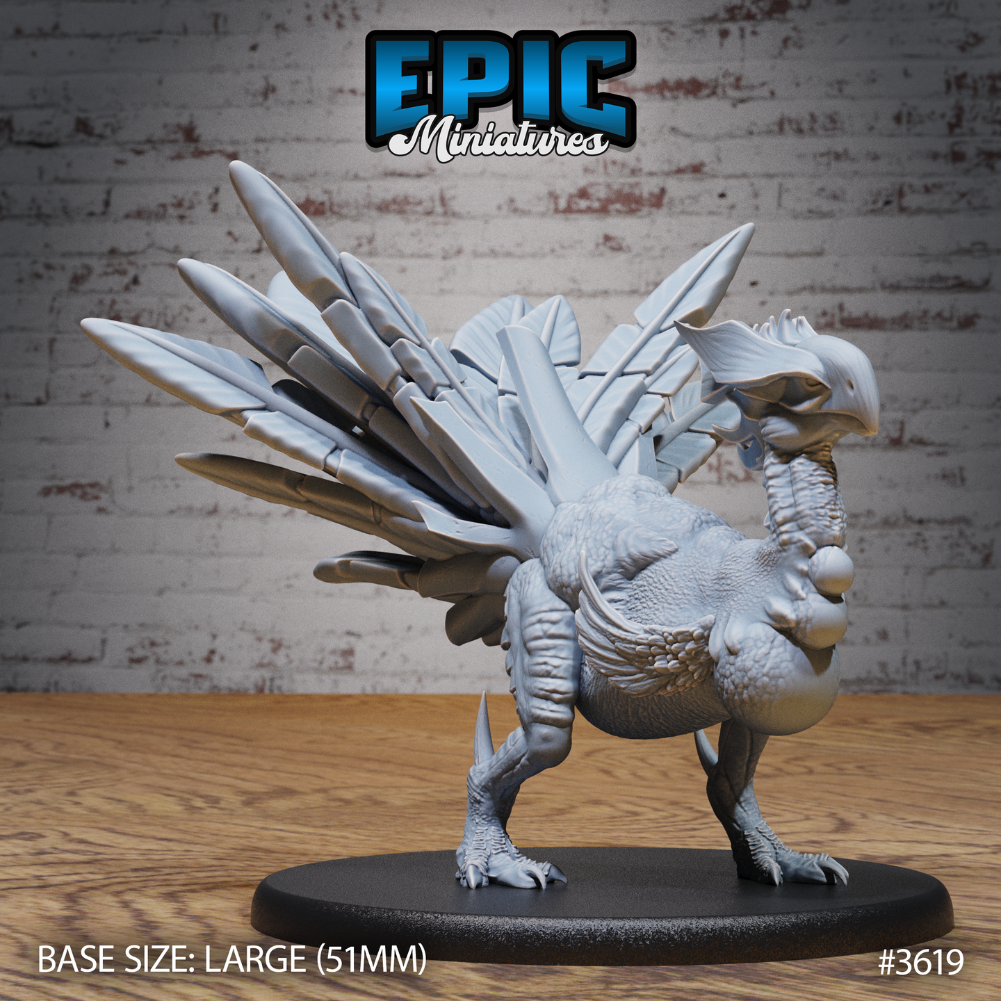 Unpainted grey resin Turkey Raptor miniature from Epic Miniatures, front view — large bird-raptor hybrid with a wide fan of oversized blade-shaped feathers, scaled taloned feet, beaked head with wattle, mounted on a 51mm large round base