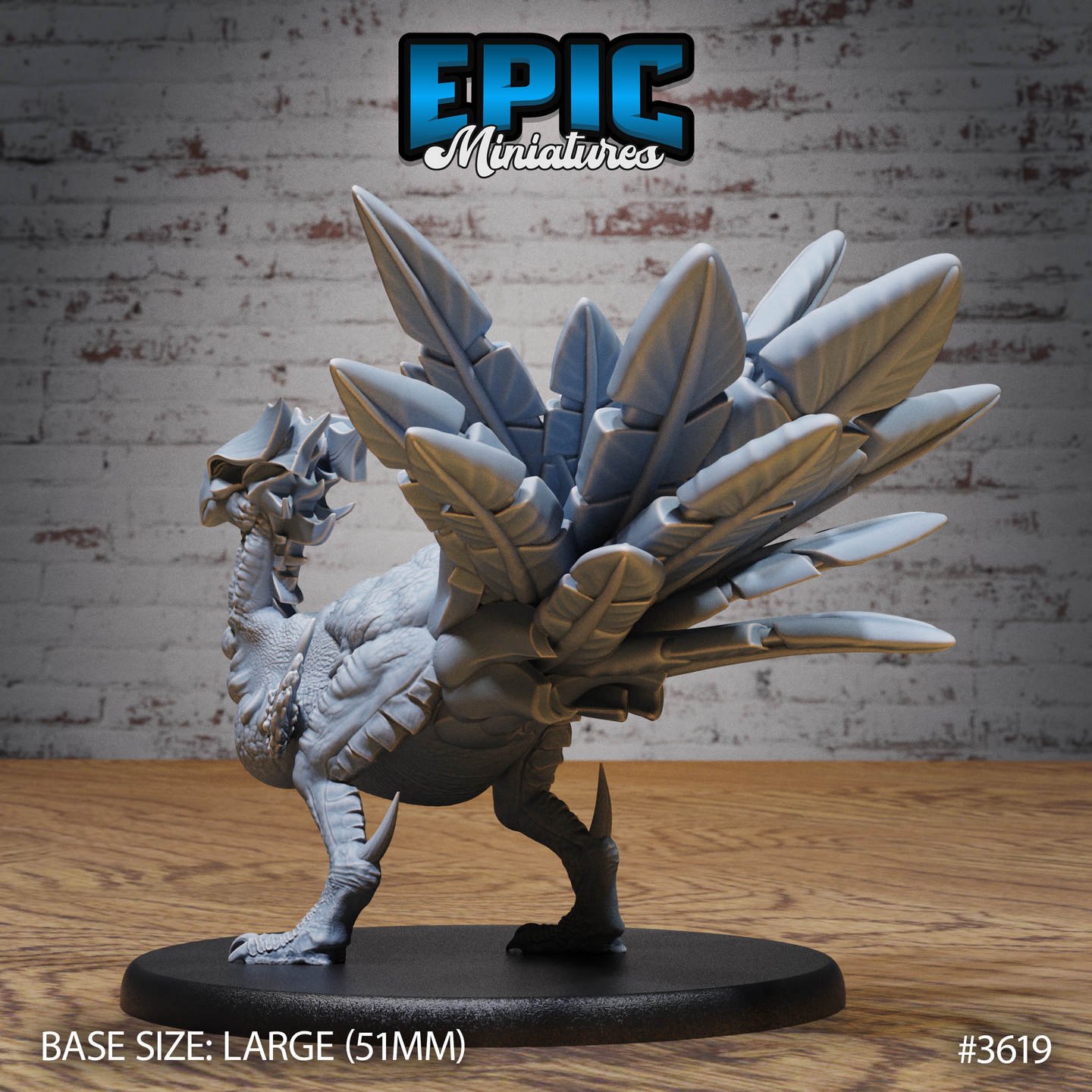 Unpainted grey resin Turkey Raptor miniature from Epic Miniatures, rear three-quarter view — showing the full layered feather fan spread wide, overlapping scaled body texture, reverse heel spurs on taloned feet, and 51mm large round base