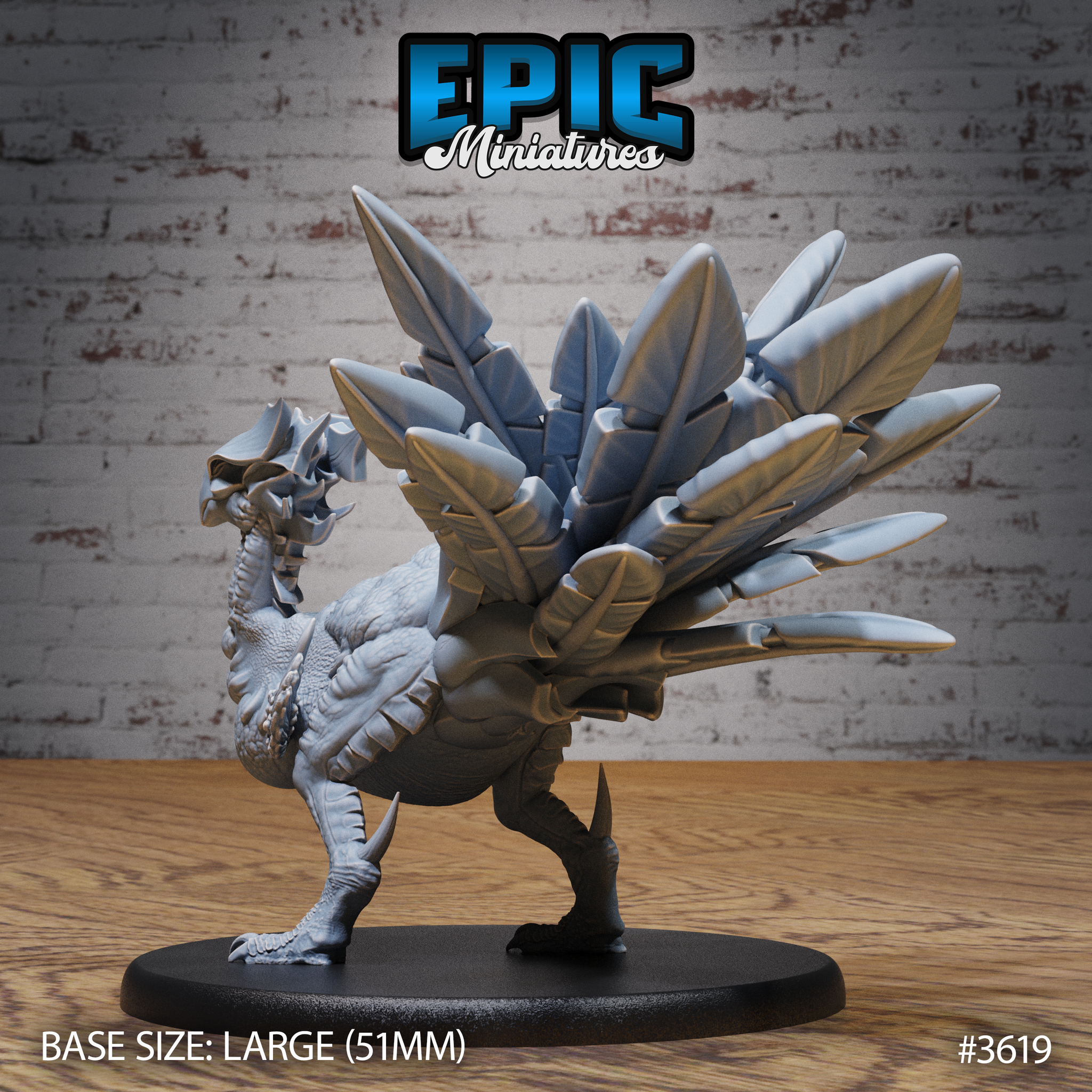 Unpainted grey resin Turkey Raptor miniature from Epic Miniatures, rear three-quarter view — showing the full layered feather fan spread wide, overlapping scaled body texture, reverse heel spurs on taloned feet, and 51mm large round base