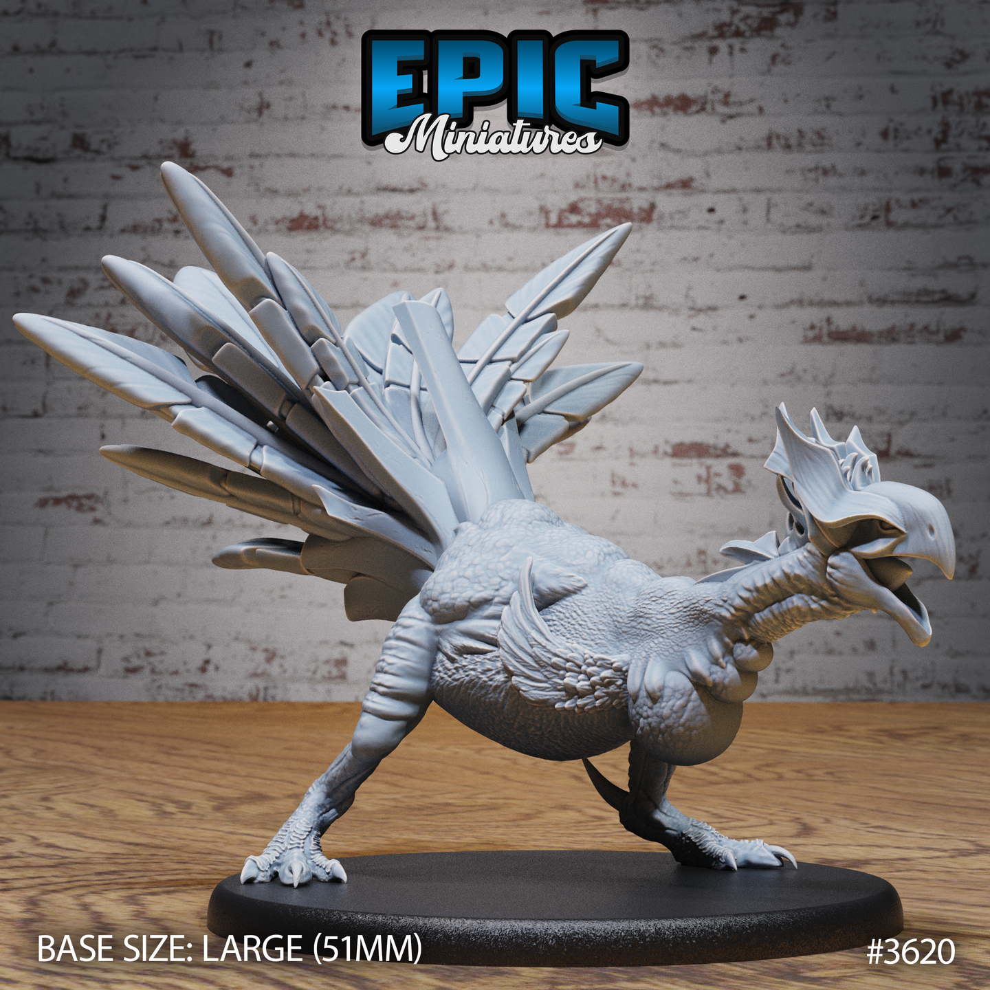 Unpainted grey resin Turkey Raptor miniature by Epic Miniatures — front-quarter view showing the creature in an aggressive threat display stance, beak open wide, crested head adorned with bony spines, dense body plumage, and a massive fan of overlapping blade-like feathers raised at its back. Scaled taloned feet planted wide on a 51mm round black base. Base size label visible in image corner.