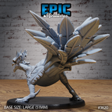 Unpainted grey resin Turkey Raptor miniature by Epic Miniatures — rear-quarter view showing the full spread of the dramatic feather fan from behind, revealing layered quill structure and the creature's broad scaled back, ridged neck, and powerful legs. Mounted on a 51mm round black base. Base size label visible in image corner.