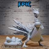 Digital render of an unpainted grey resin turkey raptor miniature rearing upright with a dramatic fan of blade-like tail feathers spread wide, fine scale and feather texturing across its round body, sharp head crest, and scaled taloned feet — shown beside a separate coiled nest piece containing five patterned eggs; large 51mm base scale indicated