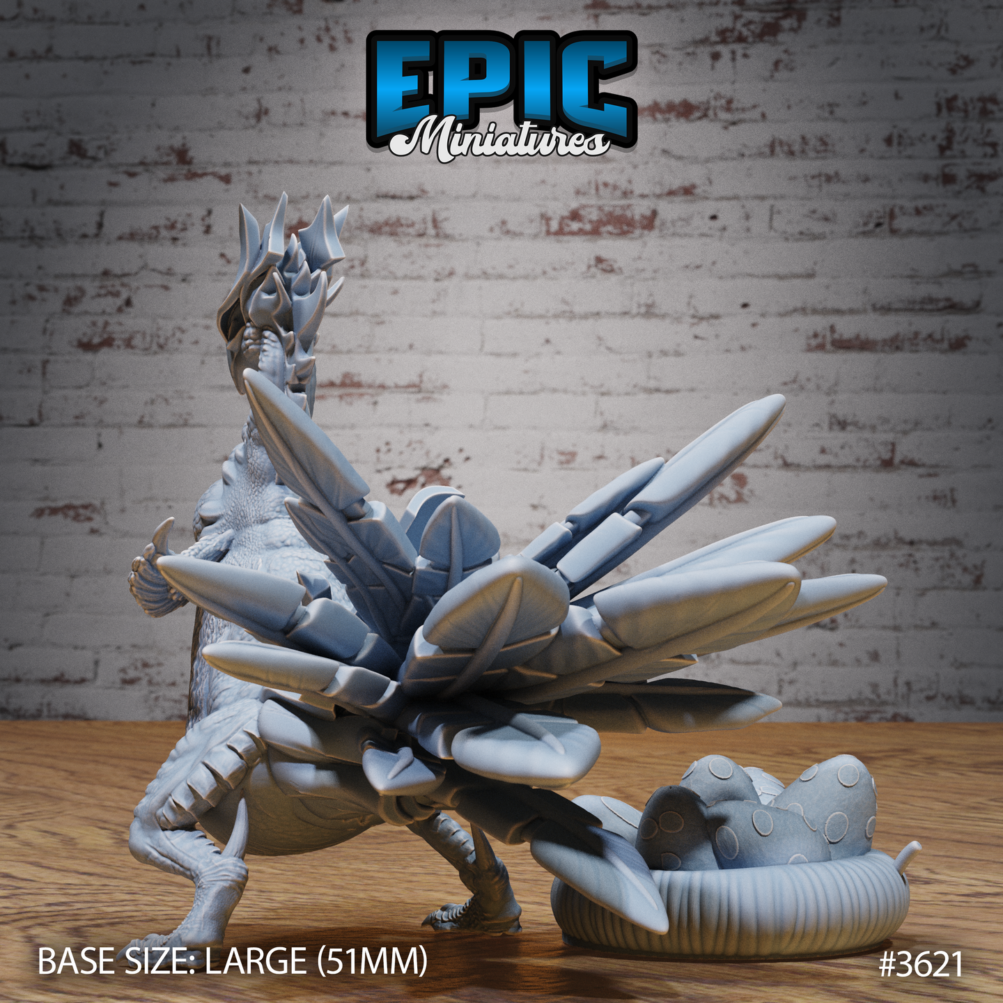 Rear three-quarter digital render of the same unpainted grey resin turkey raptor miniature, showing the full spread of its segmented blade-like tail feathers from behind, the scaled texture of its back and legs, and the separate egg nest scatter piece positioned in the foreground; large 51mm base scale indicated