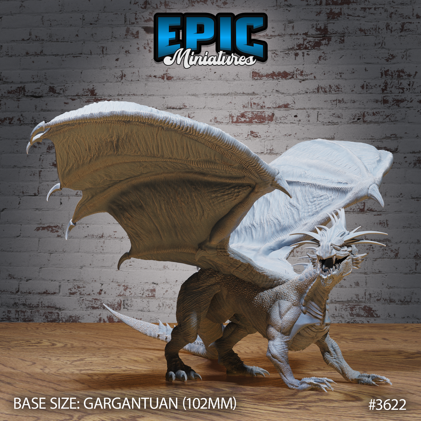 Front three-quarter view of the unpainted grey resin Glacier Dragon miniature by Epic Miniatures — gargantuan scale on a 102mm base, wings spread wide, jaws open, branching horns visible, with heavy scale texture across the chest and limbs
