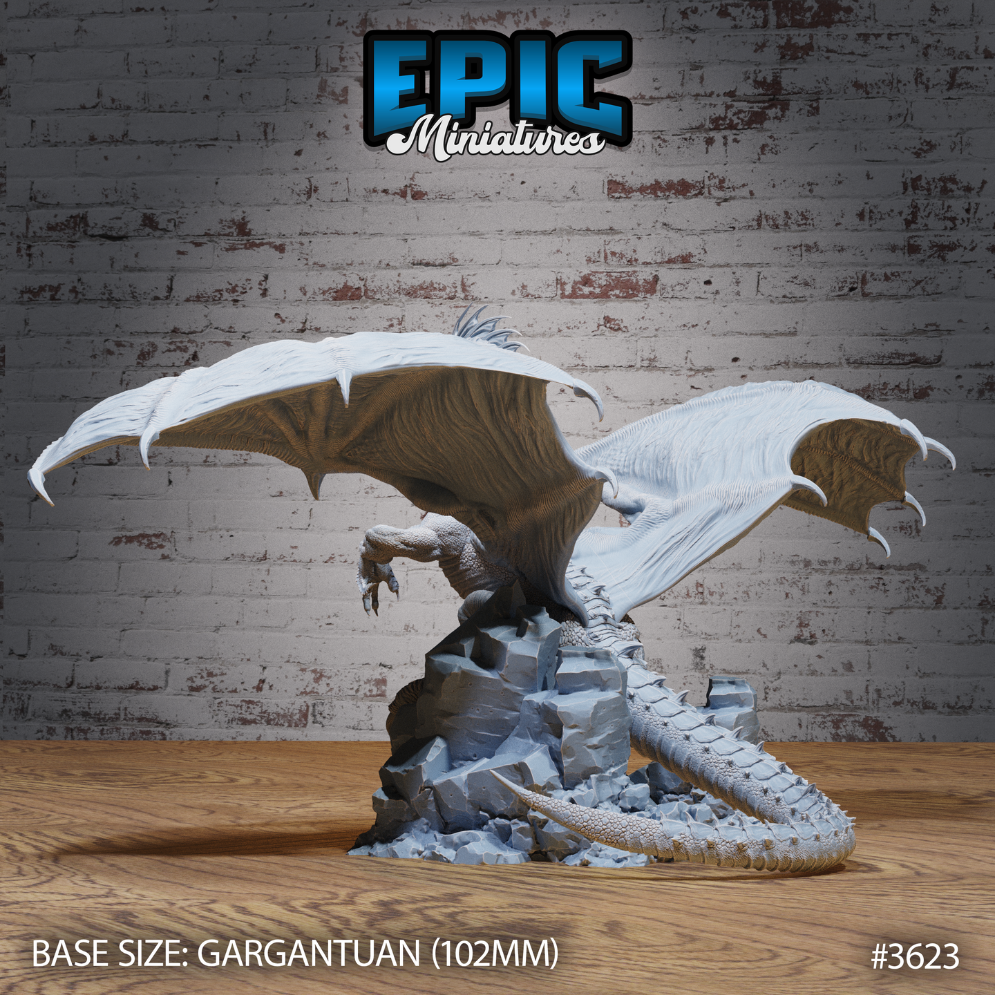 Unpainted grey resin Glacier Dragon miniature by Epic Miniatures, rear view — full wingspan on display with deeply striated membrane detail and curved talon hooks, coiled tail wrapping around a fractured stone base, 102mm gargantuan base size