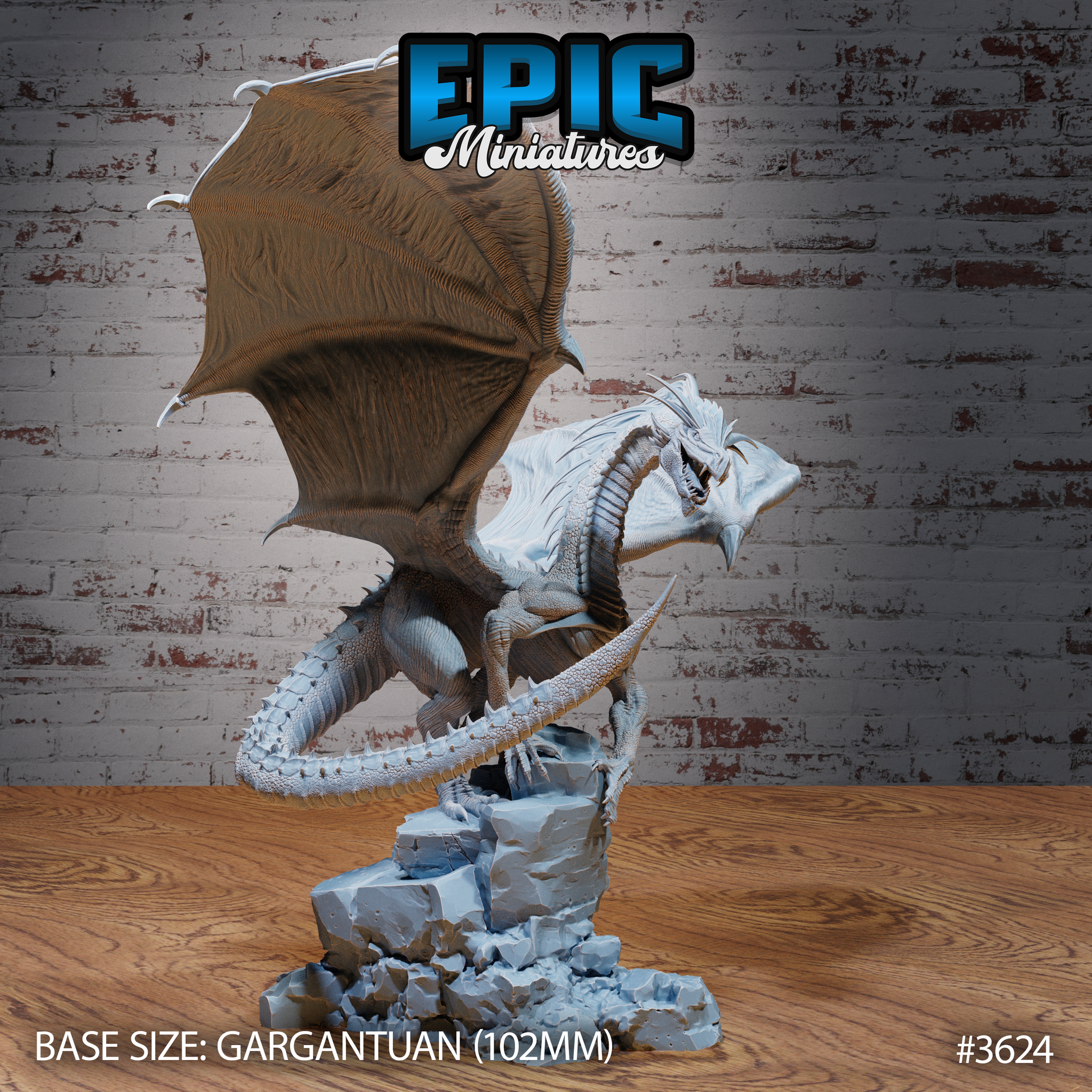 Unpainted grey resin Glacier Dragon miniature by Epic Miniatures, side-rear view showing the dragon coiled atop a shattered stone ruin base with wings swept back, spiked tail curling forward, and head lowered in a predatory pose — gargantuan scale, 102mm base