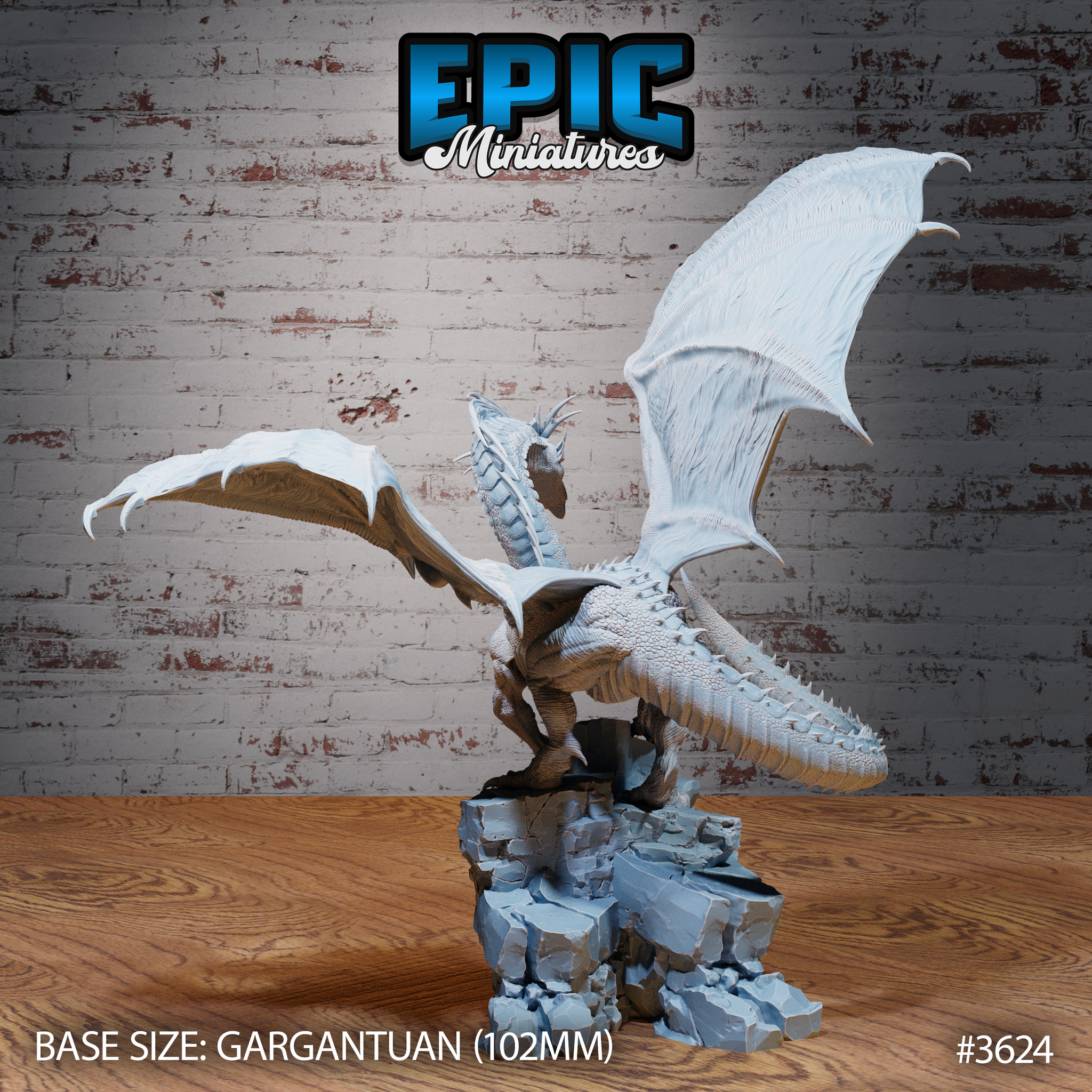 Unpainted grey resin Glacier Dragon miniature by Epic Miniatures, front-side view with both wings fully spread wide and the dragon's scaly body and horned head visible above a broken rocky ruin base — gargantuan scale, 102mm base