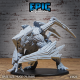 Unpainted grey resin Giant Ice Fiend miniature by Epic Miniatures, front-facing view — a huge crouching creature with jagged crystalline limbs, multi-bladed back spines, and raking claws, mounted on a 76.5mm round black base