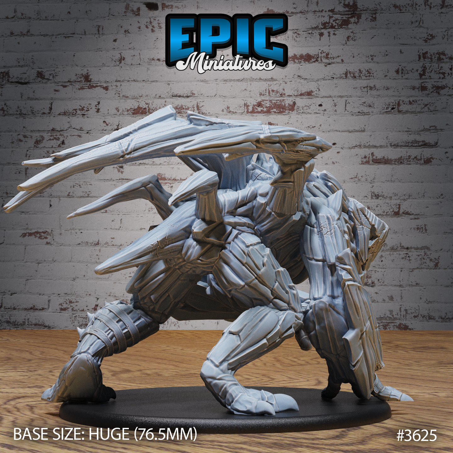 Unpainted grey resin Giant Ice Fiend miniature by Epic Miniatures, rear three-quarter view — showing the fanned blade-like dorsal spines, layered crystalline texture across the back and legs, and the creature's coiled powerful stance on a 76.5mm round base