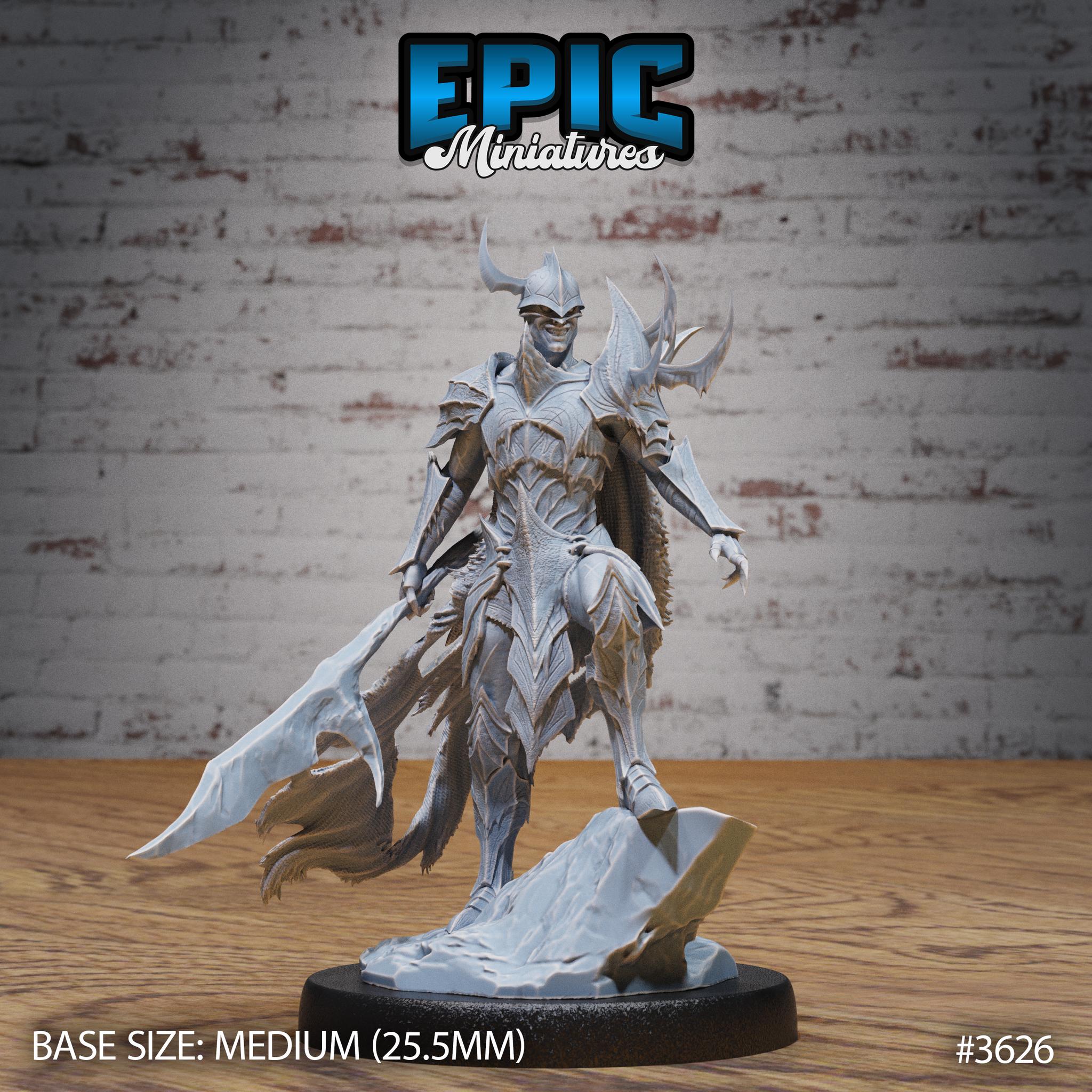 Front view of an unpainted grey resin Frost Demon Knight miniature — horned helm, jagged frost-plate armour, large curved blade held low, one clawed hand reaching forward, dramatic billowing tattered cape, rocky shattered base, 25.5mm medium base, by Epic Miniatures